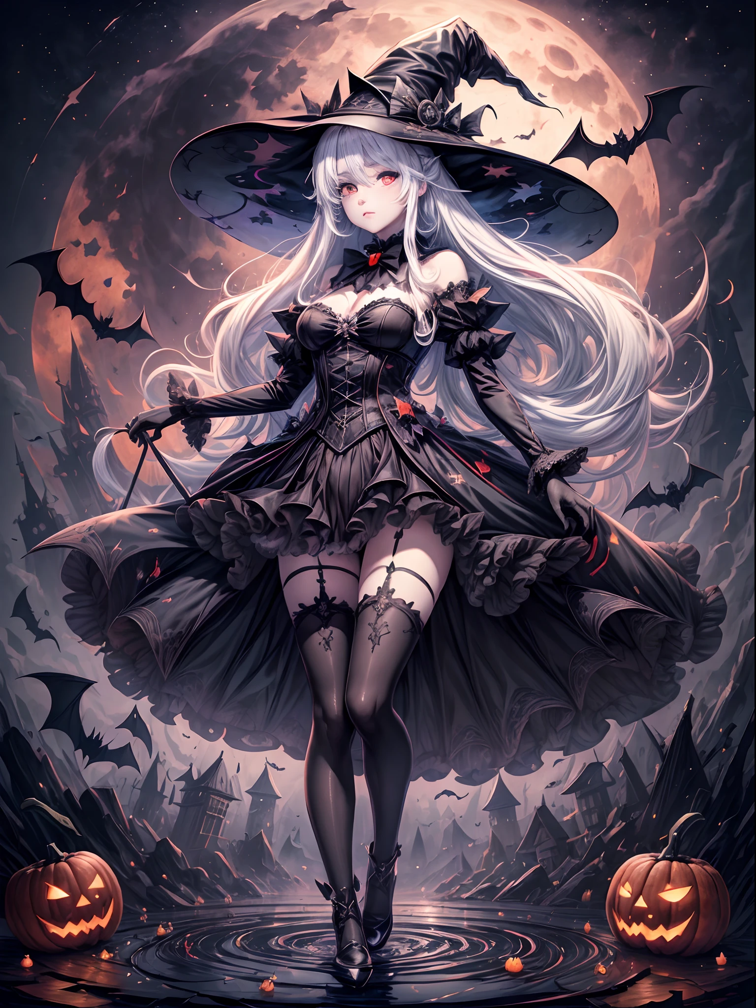 ((masterpiece:1)),(((best quality))),illustration,extremely detailed 8k wallpaper,colorful,[(white background:1.4)::5], 1girl,white hair,red eyes,shining eyes, wansheng, flat color, 1girl, witch hat, hat, long hair, solo, jack-o'-lantern, halloween, moon, thighhighs, bat (animal), looking at viewer, dress, full body, gloves, pumpkin, witch, black thighhighs, star (symbol), bow,(pale skin:1.2), (ghost) beautiful and detailed cloudy sky,castle,bat (animal),(halloween:1.1),full red moon,Beautiful and detailed black,(jack-o'-lantern:0.8) (Abstract Art:1.35),(flat color:1.3),(high contrast:1.3),happy halloween,(candy:1.2) , wansheng, ,(hexagon:1.1),(fight stance),(from bottom:0.9),lighting surrounded,water surround,full moon, original,(illustration:1.1),(best quality),(extremely detailed CG unity 8k wallpaper:1.1), (colorful:0.9),(imid shot:0.95),(full body:1.25),Dynamic angle, (Style of Comic and Animation:1.3),(Oil Painting:0.8),(sketch:0.6), WaHaa, JaLanteen, vampire