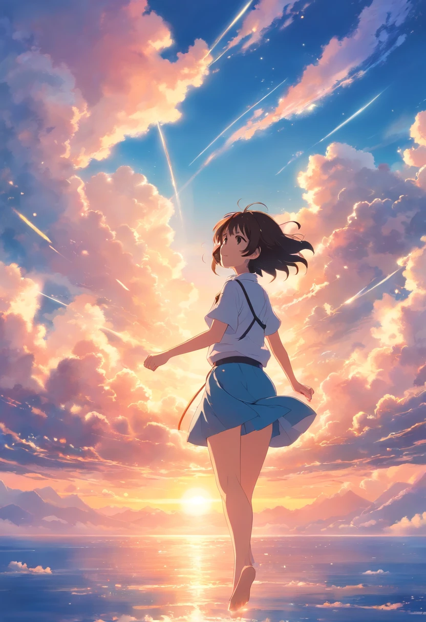 masterpiece, best quality, movie still, 1girl, cloud girl, floating in the sky, close-up, bright, happy, warm soft lighting, sunset, (sparks:0.7)