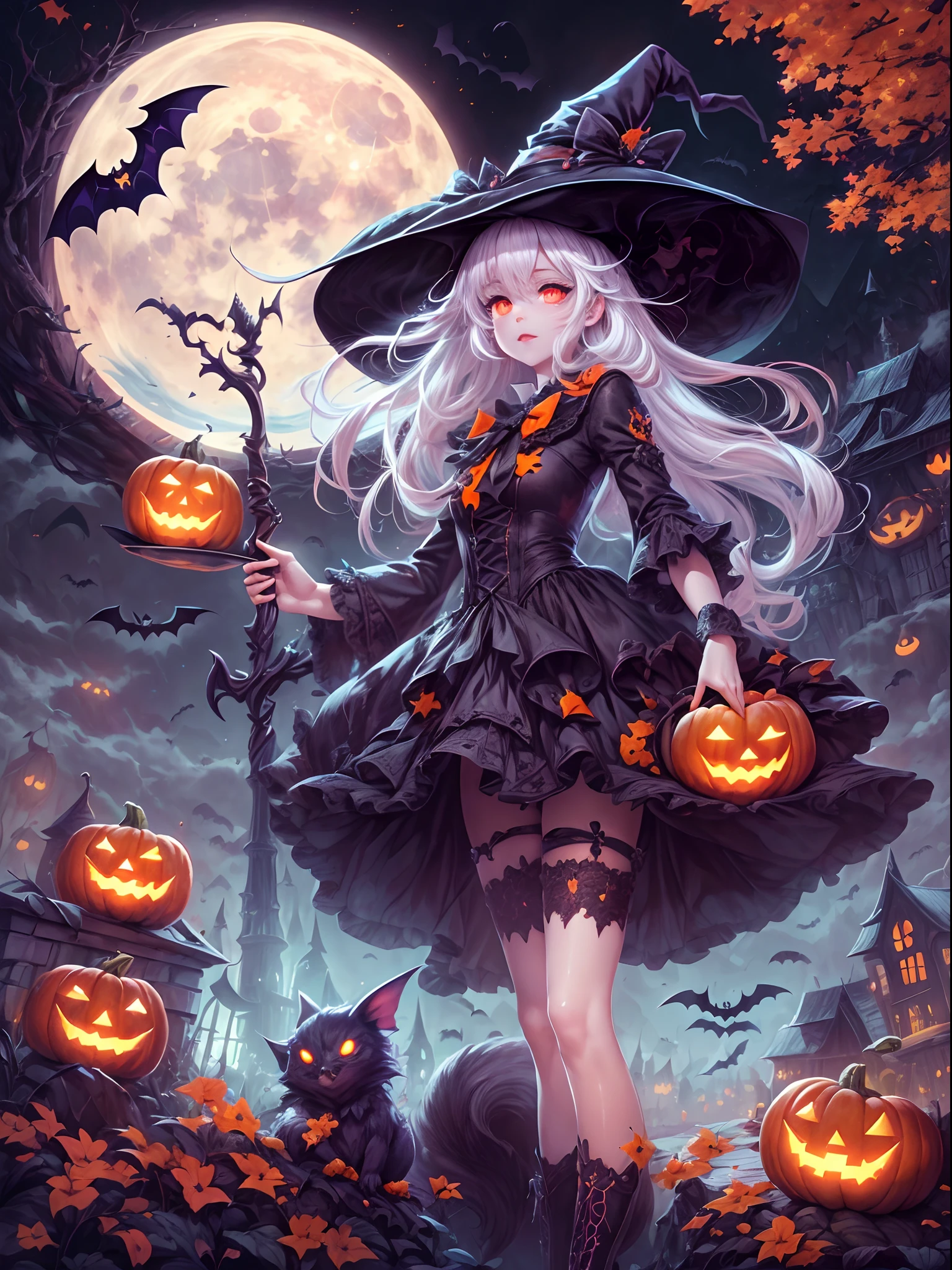 ((Masterpiece:1)),(((Best quality))),illustration,Extremely detailed 8k wallpaper,Colorful,[(White background:1.4)::5], 1girll,White hair,Red eyes,Shining eyes, Wansheng, Flat color, 1girll, Witch hat, Hat, Long hair, Solo, Jack-o'-lantern, Halloween, Moon, upper legs, bat (Animal), view the viewer, dress, full bodyesbian, mitts, pumpkins, witch, black thighhigns, Star (symbol), bow,(Pale skin:1.2), (ghost) Beautiful and detailed cloudy skies,Castle,bat (Animal),(Halloween:1.1),full red moon,Beautiful and detailed black,(Jack-o'-lantern:0.8) (Abstract art:1.35),(Flat color:1.3),(High contrast:1.3),Happy Halloween,(Confectionery:1.2) , Wansheng, ,(hexagons:1.1),(Combat posture),(from bottom:0.9),Illuminated surround,Water surrounds,full moon, Original,(illustration:1.1),(Best quality),(Extremely detailed Cg Unity 8K wallpaper:1.1), (Colorful:0.9),(imid shot:0.95),(full bodyesbian:1.25),Dynamic Angle, (Manga and animation style:1.3),(Oil painting:0.8),(Sketch:0.6), Waha, Jarantine, Vampire