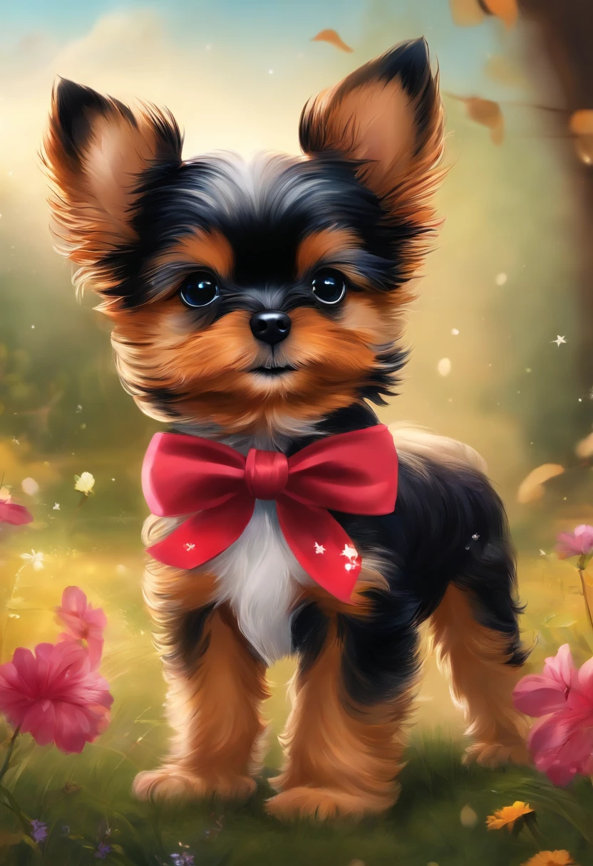 Anime Starfield，cachorrinha ，Yorkshire breed with bows tail and walk happily, Clareza 4K，Anime Dogs，O estilo de pintura se cura