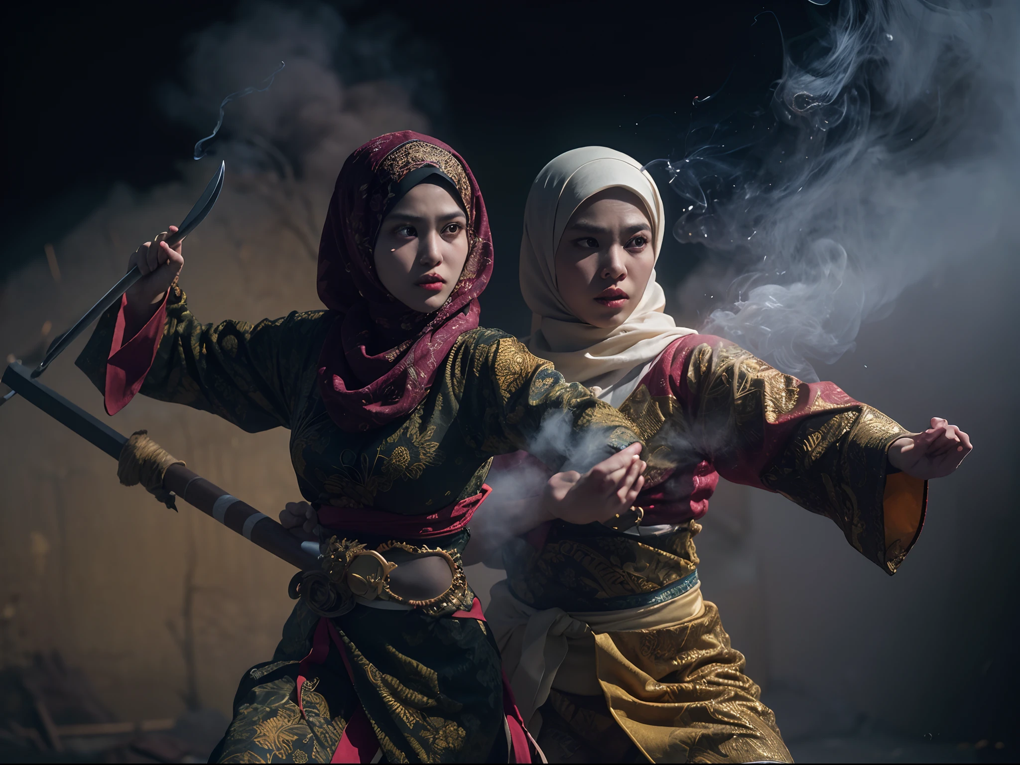 2 hijab malay woman heroin/warrior in fighting scene using keris, batik & songket costume,action silat, dark night background, a lot of smoke effect in below, Super 8mm lense, Low angle shot, bright color grading, depth of field, western, high quality, ultra detailed, 8k resolution