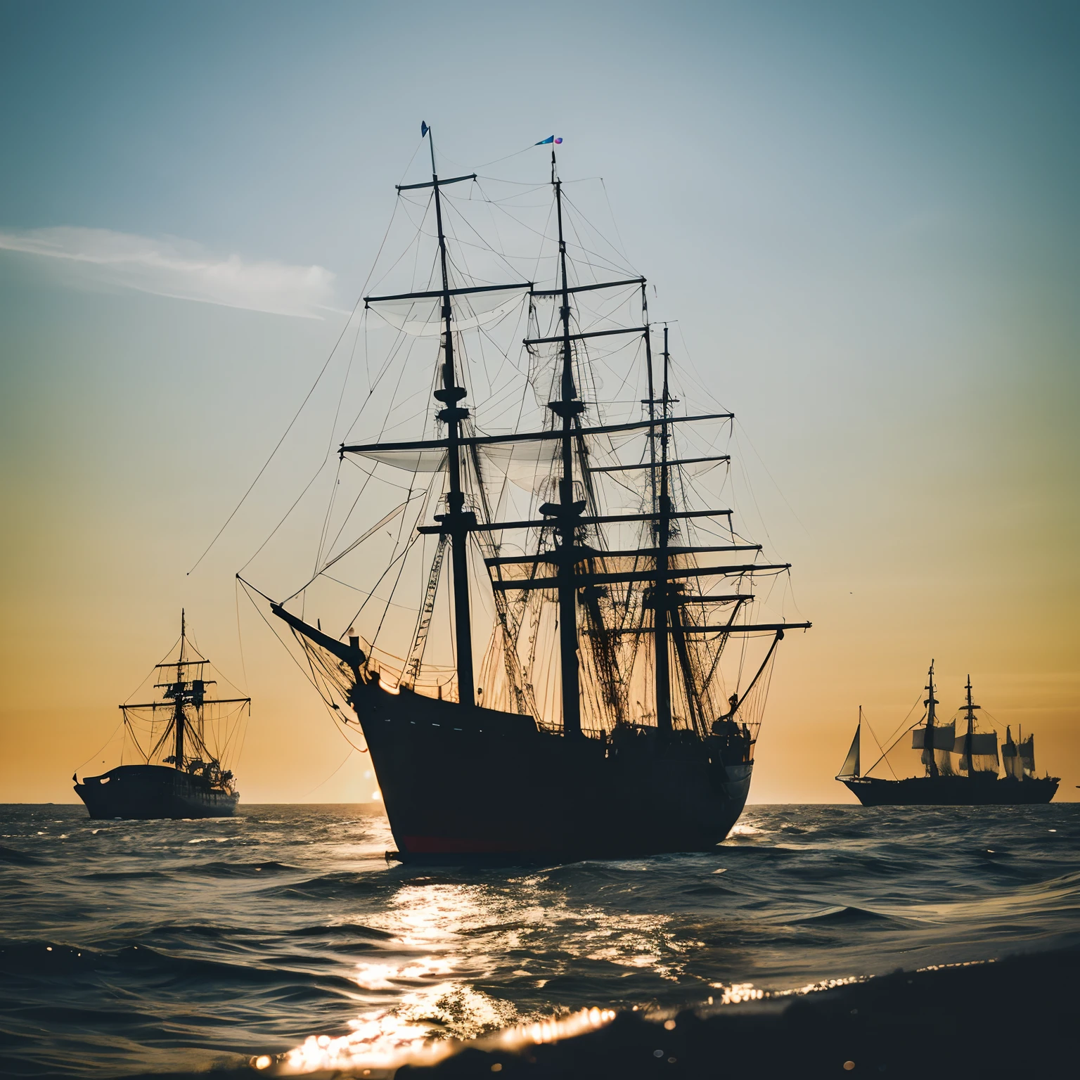 Silhouette of a sailing ship seen from the front