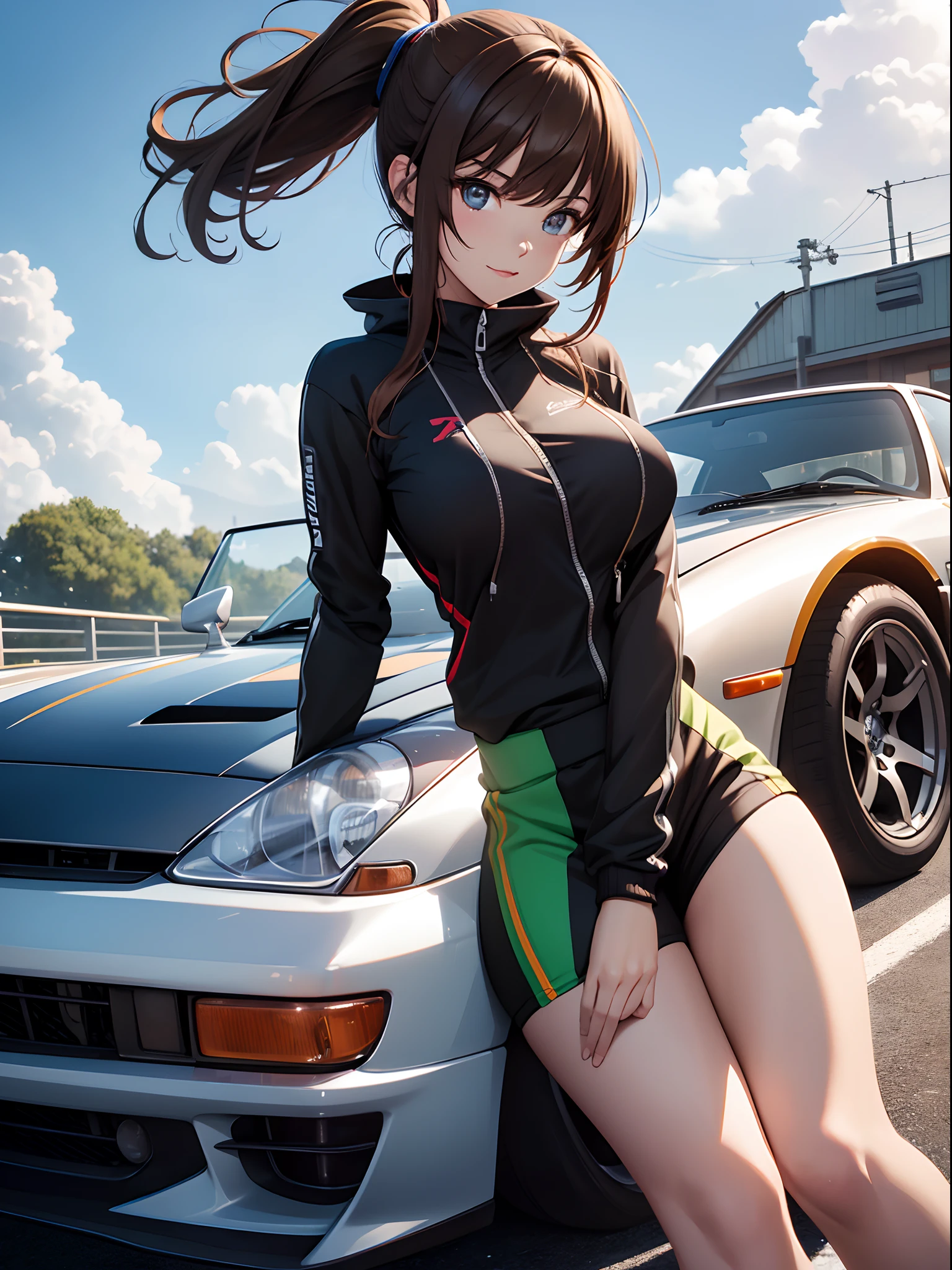 16K, HDR, ray tracing, RTX, ultra realistic, highres, wide angle shot, best quality, masterpiece, full body image, (perfect anatomy ), a sexy girl for a photograph sitting on a nissan 300zx hood, wearing short sexy green track suit, big boobs, long brown hair, ponytail, bangs, happy chuckle, brown eyes, sexy body, looking at the camera, day time, blue sky, clouds, anime style, japan village, outdoors, trending on artstation, WLOP, sakimichan, award wining, great composition, perfect, great lighting, car girl, full car, 1car