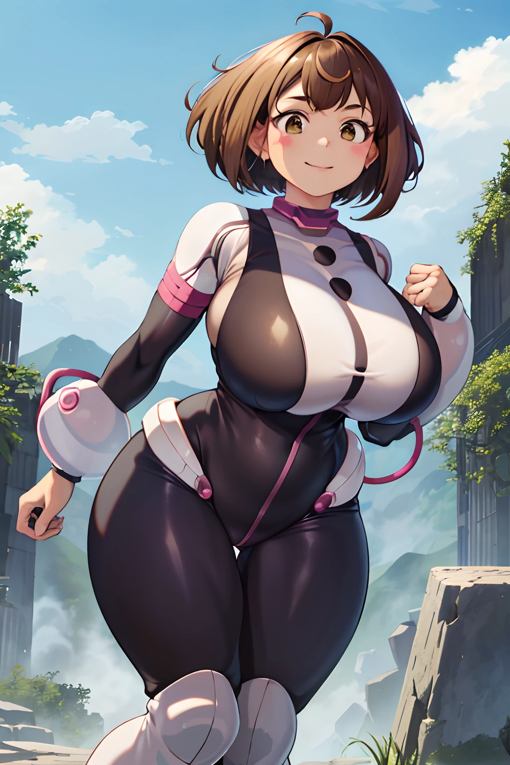 masterpiece, best quality, highres, hmochako, blush stickers, short hair, (((pixie cut 1.6))), huge breasts, superhero, bodysuit, boots, ruins, building, fighting stance,  hand on hip, wide hips, thick thighs ((curvy)), latex suit, sexy, smile, sensual, (((mature female 1.5))), PBR textures, from behind