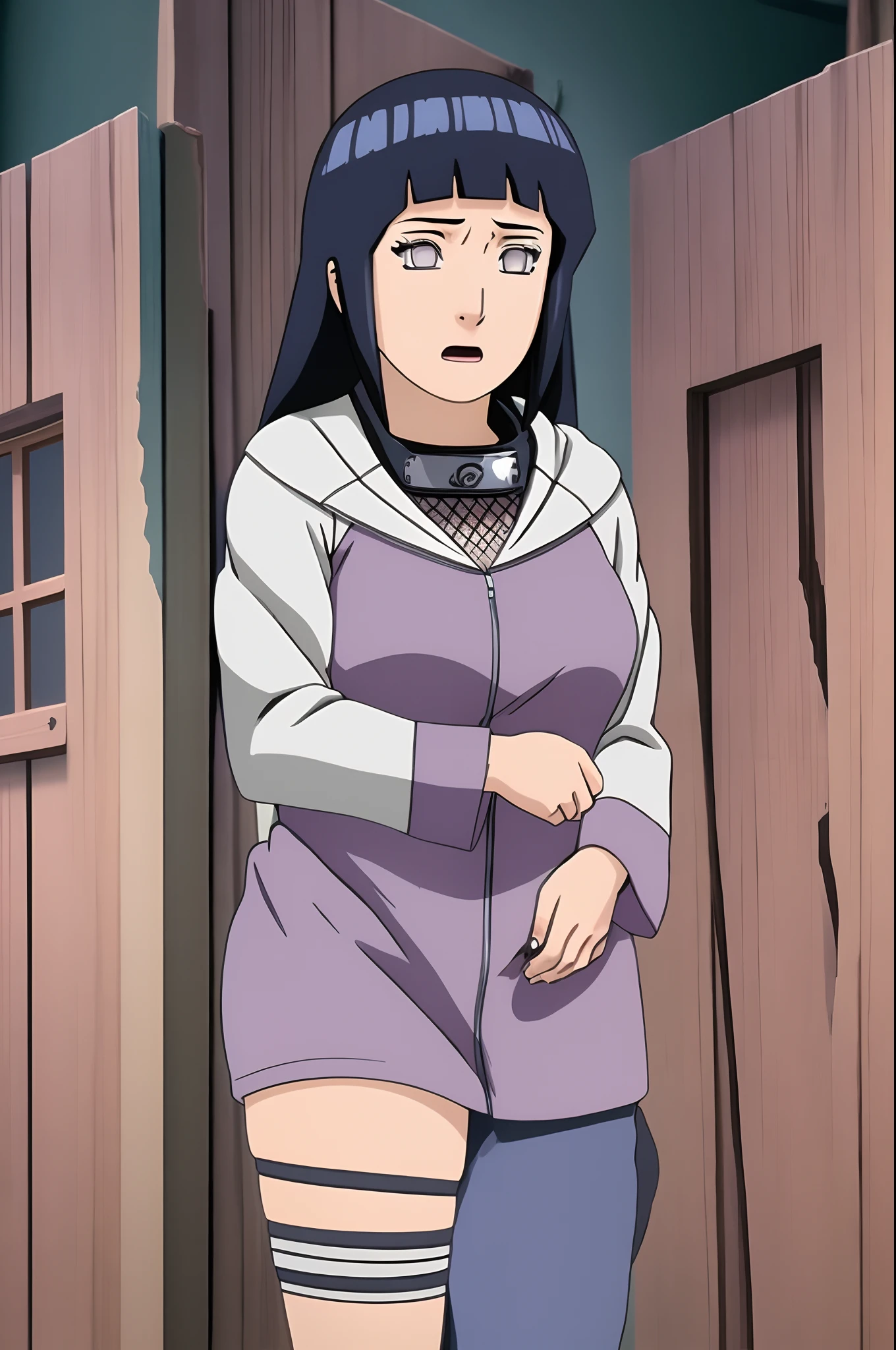 masterpiece, absurdres, 1girl, hinata\(shippuden\), solo,hooded jacket, fishnets, looking at viewer,  floating hair,  wind, blue pants, (Best Quality), length hair, large breasts, breasts out,Bound, Bondage, (arms behind back:1.4), BDSM, tape, TAPE BONDAGE, close-up, srestrained, best anatomy, Curled up, embarrassed face, Upper body, blushing face, humiliation, desperate, (front), (men touching her ), touching breasts, pov hand squeezed breasts 