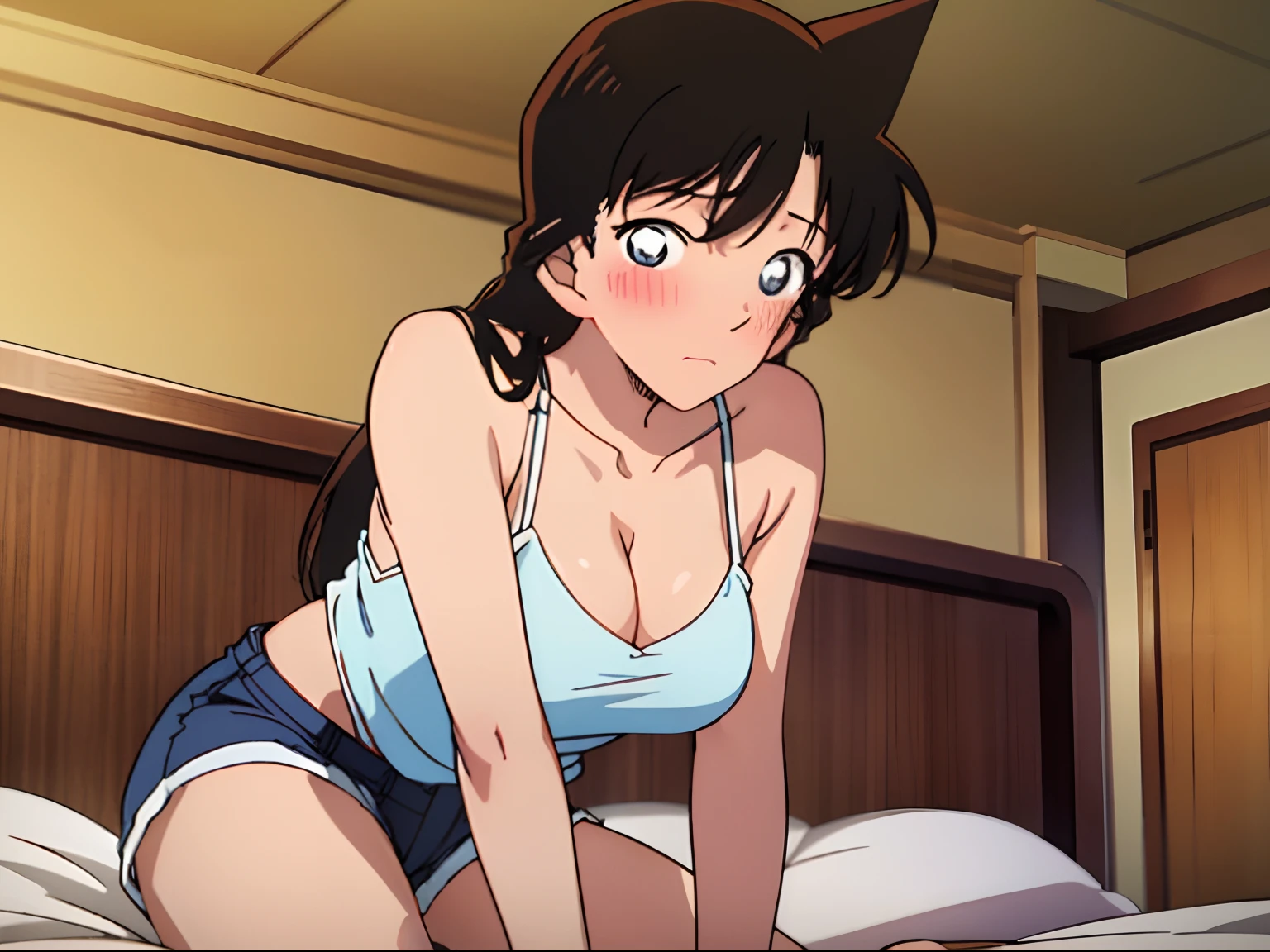 (Best quality:1.3), ，,Medium breasts, White top, cleavage, Shorts, angle of view, Be red in the face，Blush 1.5，inside in room，liveroom，Sitting，Show off your thighs，Particularly heavy blush，Pose while lying on the bed，cabelos preto e longos，((Hold your legs with both hands))