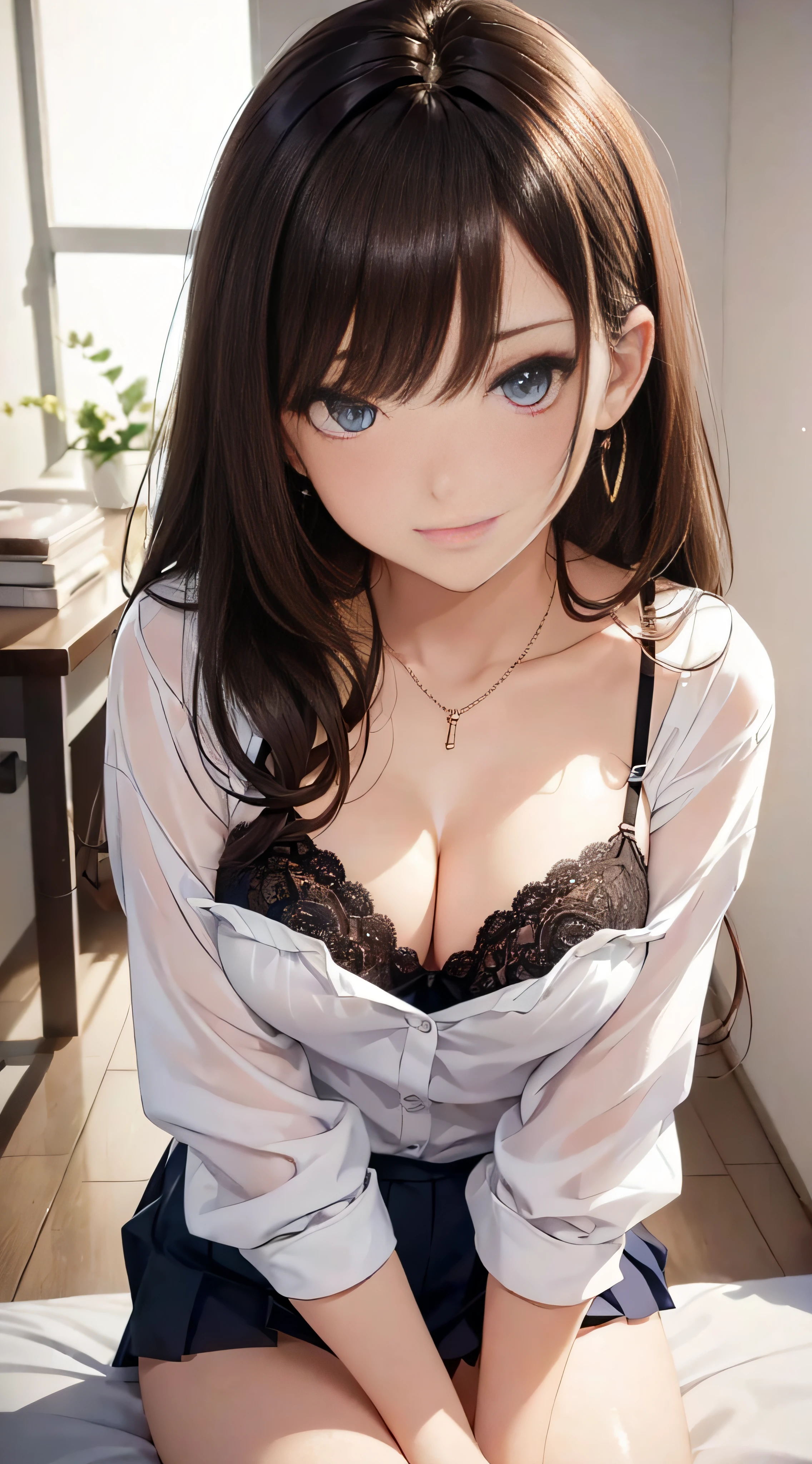 (masutepiece: 1.3), (max resolution: 1.2),, (Detailed eyes and skin), (detailed facial features), nffsw, Sharp Focus: 1.2, Perfect Style, Beautiful face, Perfect body,Highly detailed face and skin texture, Detailed eyes, Dark-blue eyes, Double eyelids, Thin eyebrows, Glitter Eyeliner: 1.2, Natural cheeks, Glossy skin, Fair skin: 1.2, shiny little necklace and earrings, (Glossy lips: 1.A very cute female teacher), lace bra　I'm wearing lace panties　Stockings), (Seductive smile: 1.2), ((a Innocent and cute girl:1.3)), (long, straight haired, bangss), (ligh brown hair:1.2), medium large breasts,　FULL BODYSHOT　Shyness　School Changing Rooms　Herren　cute little　whiteshirt　sexy  pose　Sitting
