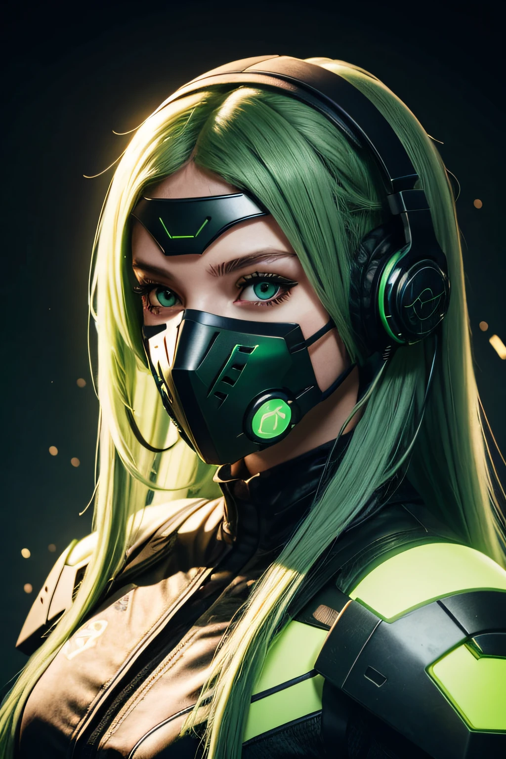 girl with long green hair, green eyes, futuristic vibes, mask on mouth, headphones, 8k, high quality, simple background, glowing eyes, nice pose