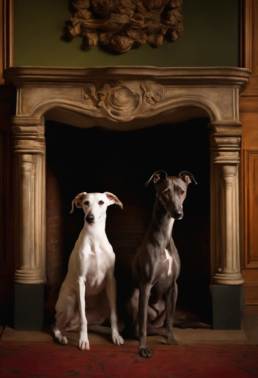 1700s masterpiece Caravaggio two whippets layong on front of a fireplace old world