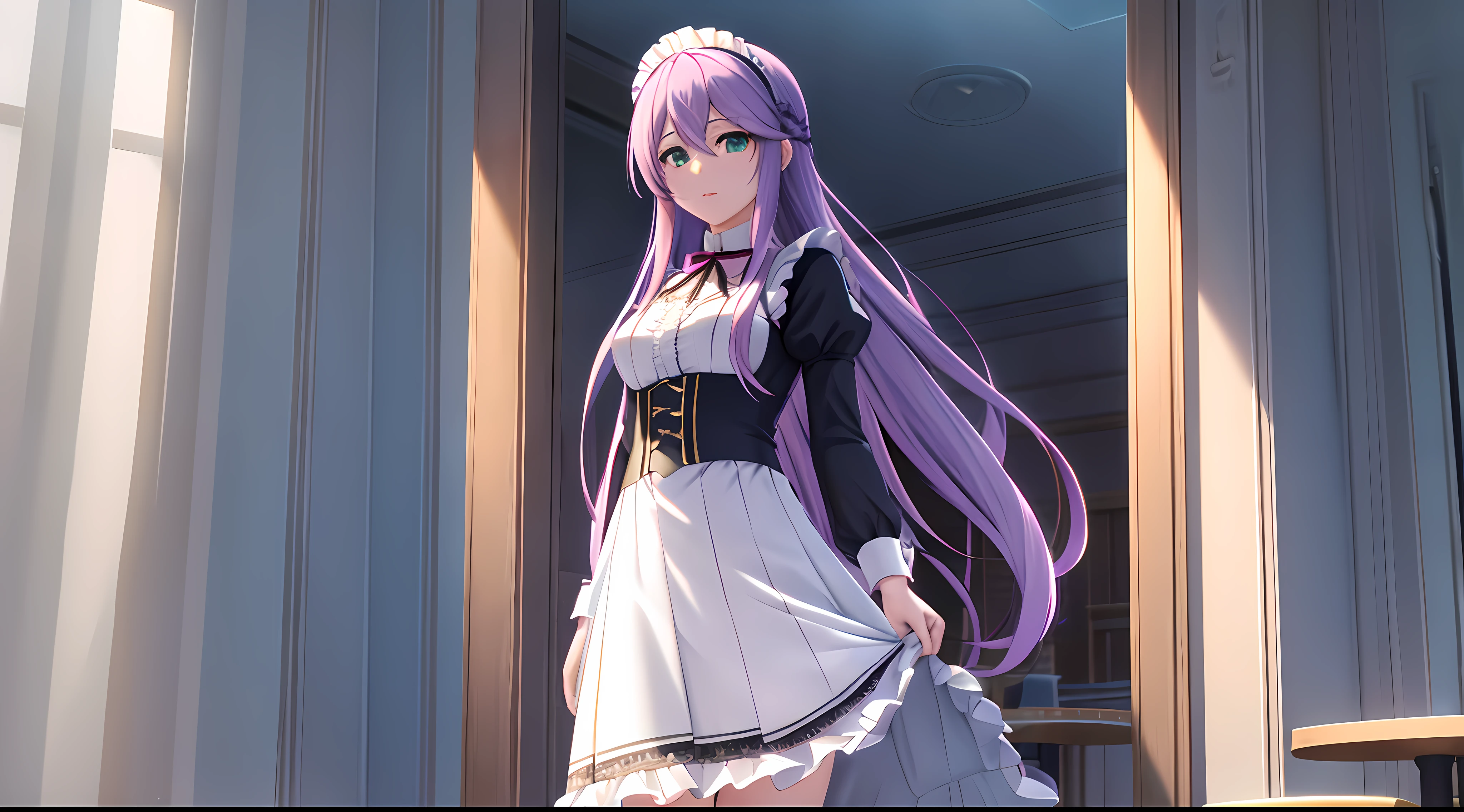 Athena with plain long light purple hair,hair between eyes,green eyes,rosy cheeks,full lips,thin eyebrows,slender body,wearing black maid uniform with frills lace and full long skirt,cute anime girl,full body,restaurant tables in background,anime style,Lumen Reflections,Screen Space Reflections,Diffraction Grading,Chromatic Aberration,GB Displacement,Scan Lines,Ray Traced,Anti-Aliasing,FXAA,TXAA,RTX,SSAO,Shaders,OpenGL-Shaders, GLSL-Shaders,Post Processing,Post-Production,cell Shading,Tone Mapping,CGI,VFX,SFX,insanely detailed and intricate, 4K,standing, solo, masterpiece, best quality, detailed face, detailed eyes, highres, standing, solo,masterpiece, best quality