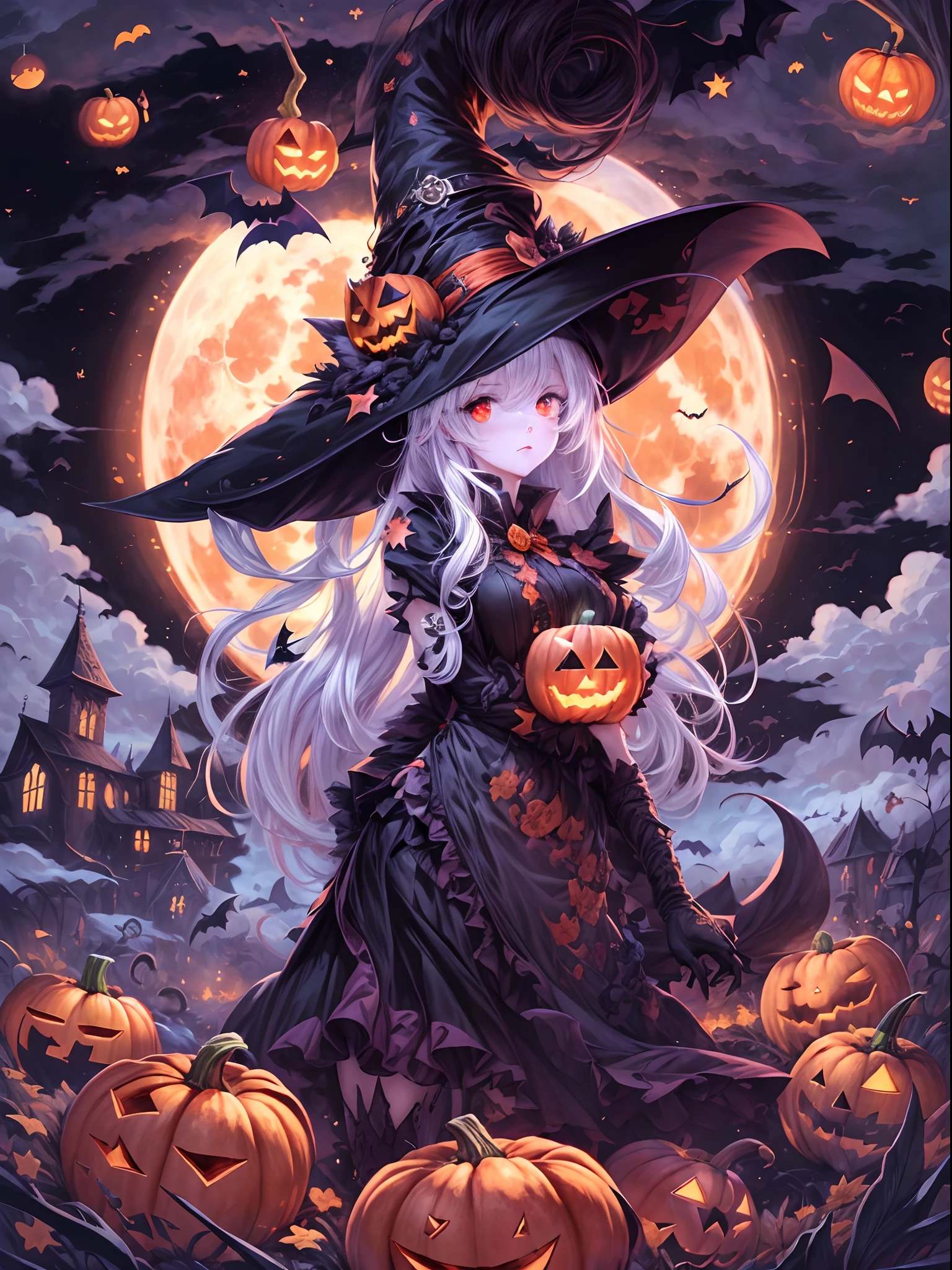 ((Masterpiece:1)),(((Best quality))),illustration,Extremely detailed 8k wallpaper,Colorful,[(White background:1.4)::5], 1girll,White hair,Red eyes,Shining eyes, Wansheng, Flat color, 1girll, Witch hat, Hat, Long hair, Solo, Jack-o'-lantern, Halloween, Moon, upper legs, bat (Animal), view the viewer, dress, full bodyesbian, mitts, pumpkins, witch, black thighhigns, Star (symbol), bow,(Pale skin:1.2), (ghost) Beautiful and detailed cloudy skies,Castle,bat (Animal),(Halloween:1.1),full red moon,Beautiful and detailed black,(Jack-o'-lantern:0.8) (Abstract art:1.35),(Flat color:1.3),(High contrast:1.3),Happy Halloween,(Confectionery:1.2) , Wansheng, ,(hexagons:1.1),(Combat posture),(from bottom:0.9),Illuminated surround,Water surrounds,full moon, Original,(illustration:1.1),(Best quality),(Extremely detailed Cg Unity 8K wallpaper:1.1), (Colorful:0.9),(imid shot:0.95),(full bodyesbian:1.25),Dynamic Angle, (Manga and animation style:1.3),(Oil painting:0.8),(Sketch:0.6), Waha, Jarantine, Vampire