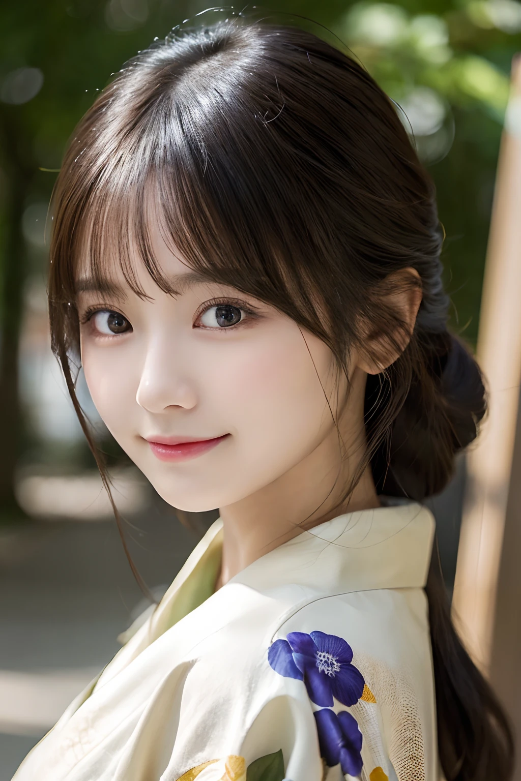 （Kimono）、randome pose、(top-quality,​masterpiece:1.3,超A high resolution,),(ultra-detailliert,Caustics),(Photorealsitic:1.4,RAW shooting,)Ultra-realistic capture,A highly detailed,High resolution 16K human skin close-up、 Skin texture is natural、、The skin looks healthy with an even tone、 Use natural light and color,女の子1人,japanes,26 year old,kawaii,A dark-haired,Middle hair,,smil,,(depth of fields、chromatic abberation、、Wide range of lighting、Natural Shading、)、