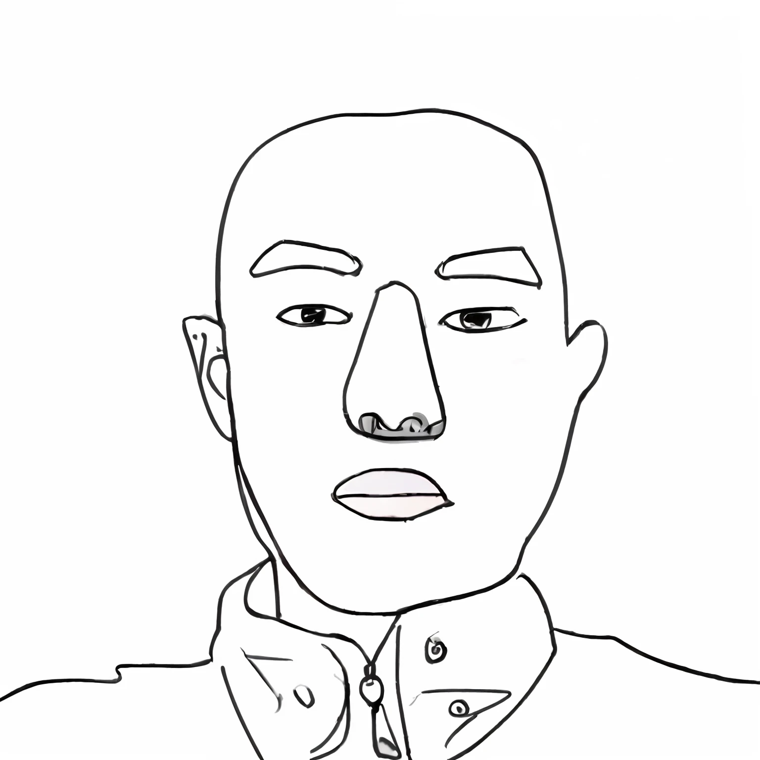 A hand-drawn portrait of a young man in a colorful comic style. He has a buzz cut and a workwear collar that gives him a casual look. His face is attractive, with thick eyebrows, full lips, and a reddish nose. He looks confident and cheerful.