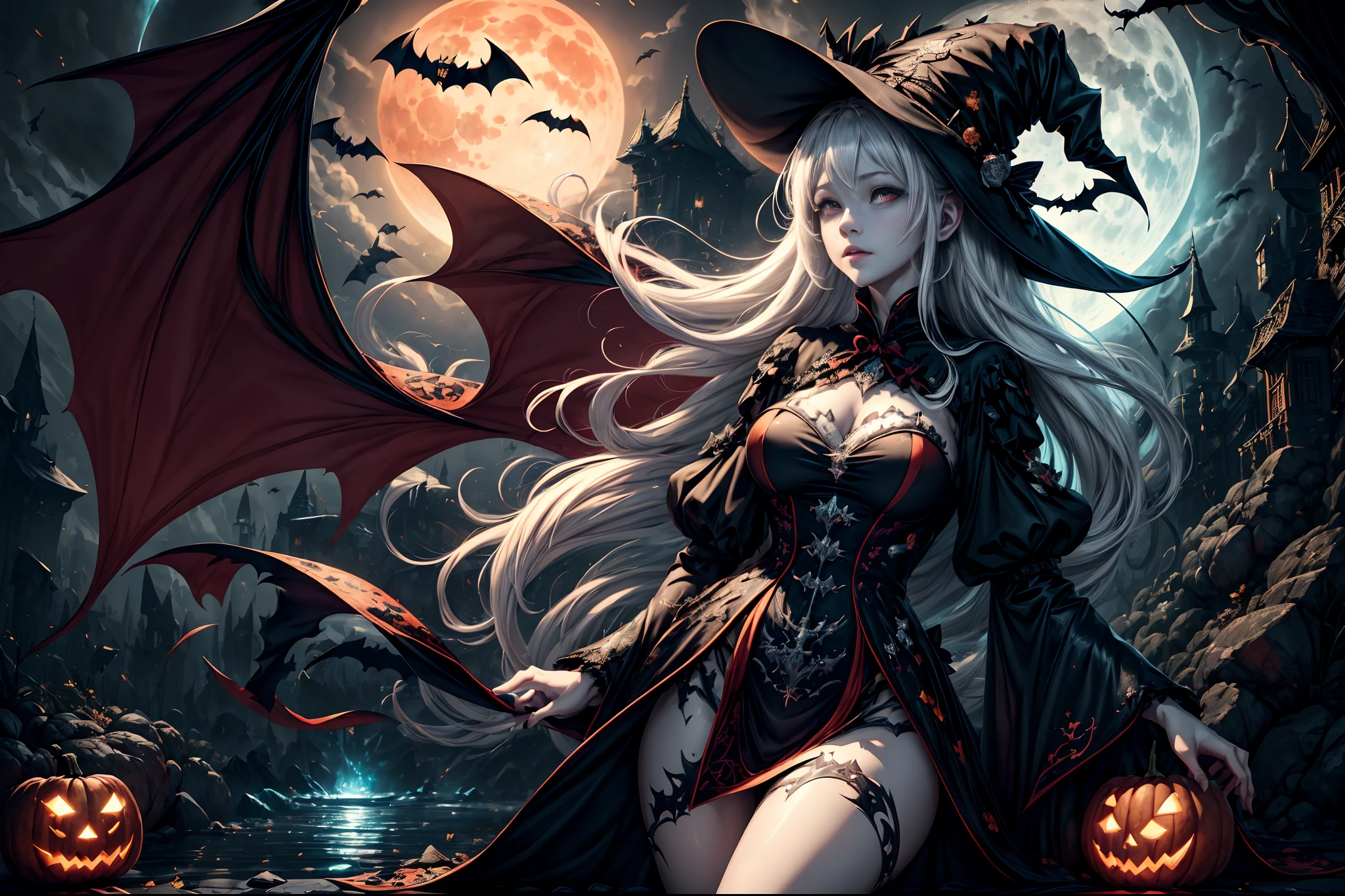 ((Masterpiece:1)),(((Best quality))),illustration,Extremely detailed 8k wallpaper,Colorful,[(White background:1.4)::5], 1girll,White hair,Red eyes,Shining eyes, Wansheng, Flat color, 1girll, Witch hat, Hat, Long hair, Solo, Jack-o'-lantern, Halloween, Moon, upper legs, bat (Animal), view the viewer, dress, full bodyesbian, mitts, pumpkins, witch, black thighhigns, Star (symbol), bow,(Pale skin:1.2), (ghost) Beautiful and detailed cloudy skies,Castle,bat (Animal),(Halloween:1.1),full red moon,Beautiful and detailed black,(Jack-o'-lantern:0.8) (Abstract art:1.35),(Flat color:1.3),(High contrast:1.3),Happy Halloween,(Confectionery:1.2) , Wansheng, ,(hexagons:1.1),(Combat posture),(from bottom:0.9),Illuminated surround,Water surrounds,full moon, Original,(illustration:1.1),(Best quality),(Extremely detailed Cg Unity 8K wallpaper:1.1), (Colorful:0.9),(imid shot:0.95),(full bodyesbian:1.25),Dynamic Angle, (Manga and animation style:1.3),(Oil painting:0.8),(Sketch:0.6), Waha, Jarantine, Vampire