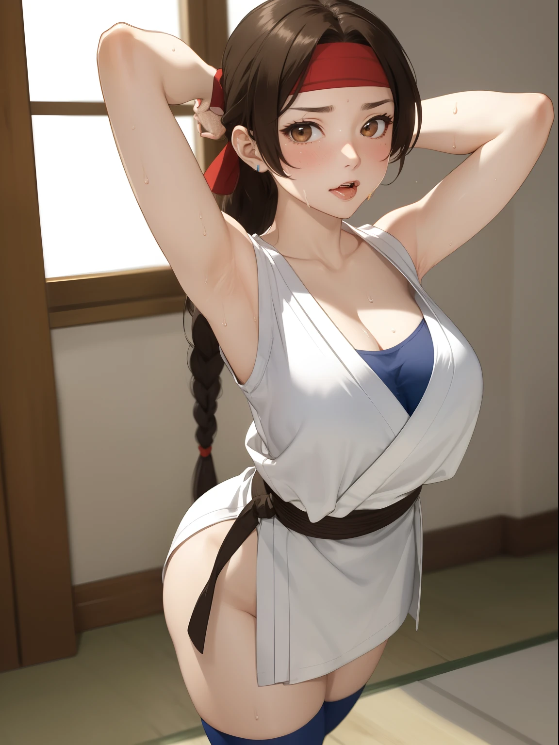 ((masterpiece:1.2, best quality)), yuri sakazaki, 1girl, braided ponytail, long hair, brown hair, brown eyes, (red headband:1.2), (white dogi:1.2), Blue tank top, bare arms, Yellow black fingerless gloves, blue panties, karate, medium breasts, cleavage, Blue thigh socks, looking at viewer, sweating, tired, arm over head, sweat, hot, blush, awe, 🥺, 😮, ((🥵🥵:1.2)), straight, standing, mature, dojo