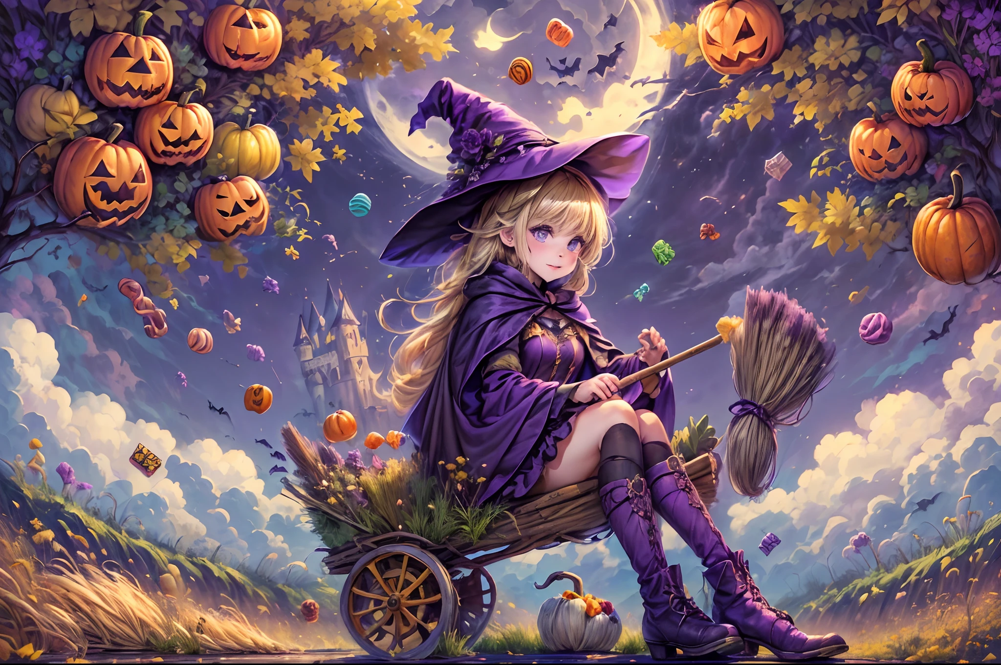 (((Masterpiece))),((Best Quality))),highres,absurdres,((looking at viewer:1.4)),1gril,full body,(hallowee:1.3),happy halloween,castlejack-o'-lantern,pumpkin,(Pumpkin hood:1.2),(a gril pulls a cart:1.2),((candy,A bunch of candy:1.6)),bags filled with candy,(ghosts:1.2),ghosts flying,bat (animal),bats flying,(flower,grass,plants:1.4),sitting,(broom:1.4),(sit on a broom, the witch flies in the air:1.2),(Hold the broom in your hand:1.1),medium hair,blonde hair,wavy hair,straight hair,diagonal bangs,blush,smirk,black eyes,small breasts,cape,black cape,hat,broom,witch hat,martin boots,night,outdoors,sky,moon,full moon,(cloud,road:1.3),(castle:1.2),bare tree,tree,(Purple theme:1.4),(rich colors,expressive technique:1.4), blackmagic, WaHaa