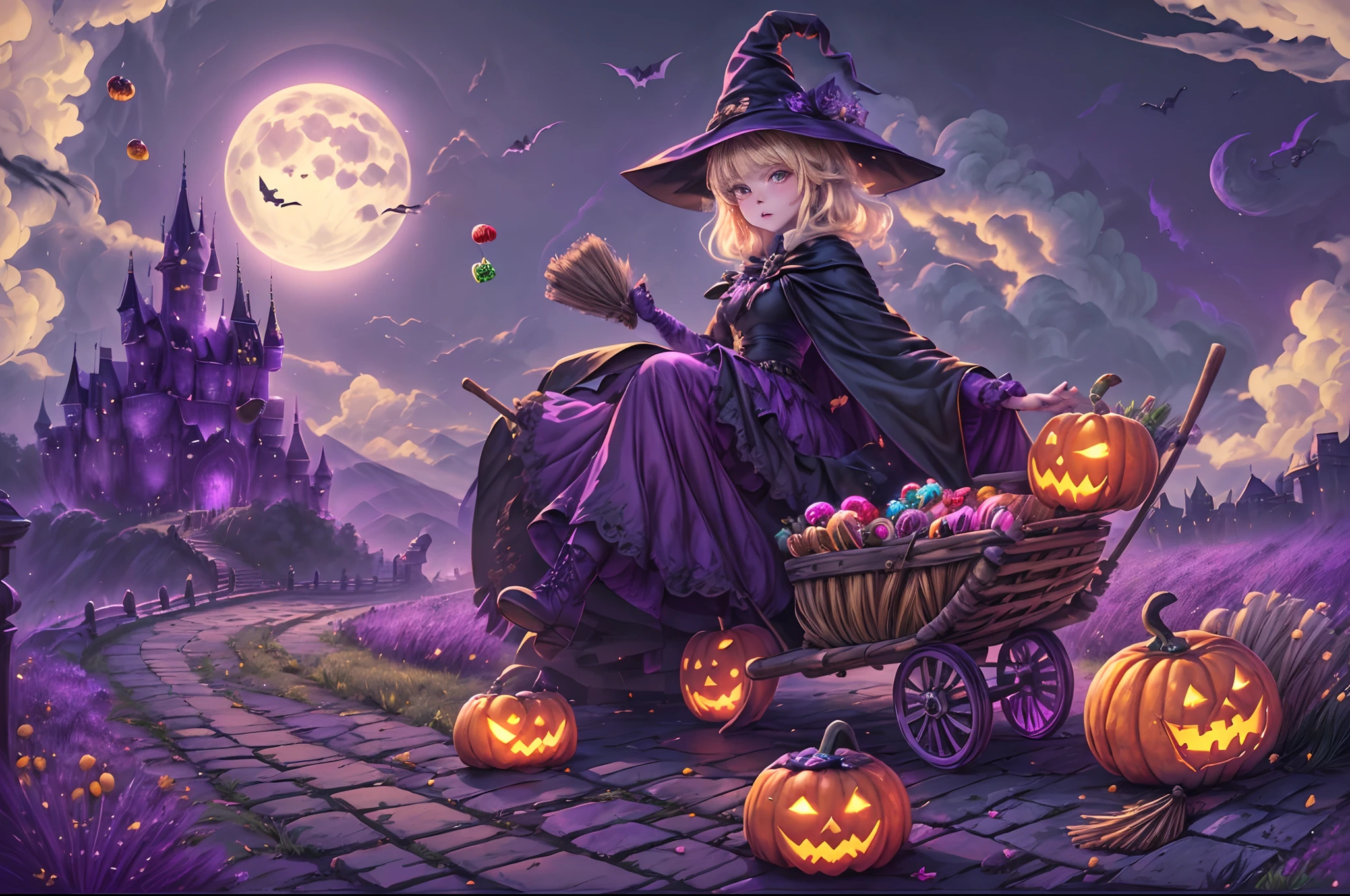 (((Masterpiece))),((Best Quality))),highres,absurdres,((looking at viewer:1.4)),1gril,full body,(hallowee:1.3),happy halloween,castlejack-o'-lantern,pumpkin,(Pumpkin hood:1.2),(a gril pulls a cart:1.2),((candy,A bunch of candy:1.6)),bags filled with candy,(ghosts:1.2),ghosts flying,bat (animal),bats flying,(flower,grass,plants:1.4),sitting,(broom:1.4),(sit on a broom, the witch flies in the air:1.2),(Hold the broom in your hand:1.1),medium hair,blonde hair,wavy hair,straight hair,diagonal bangs,blush,smirk,black eyes,small breasts,cape,black cape,hat,broom,witch hat,martin boots,night,outdoors,sky,moon,full moon,(cloud,road:1.3),(castle:1.2),bare tree,tree,(Purple theme:1.4),(rich colors,expressive technique:1.4), blackmagic, WaHaa