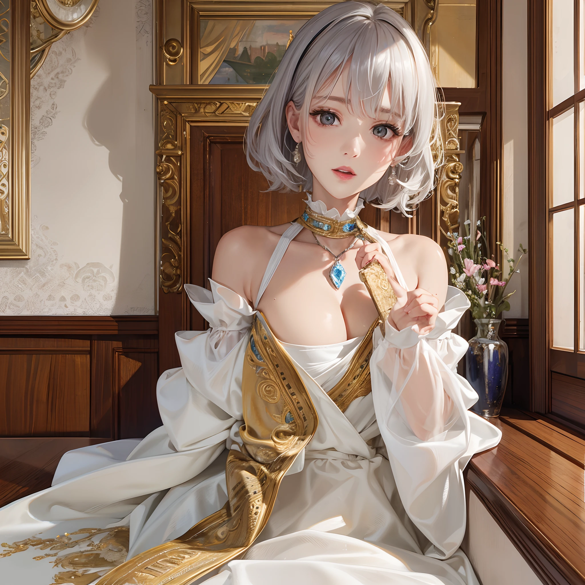 masterpiece、top-quality、hight resolution、High-quality images、8K、the detail、1lady、Photorealsitic、skin gloss、Texture、Lustrous hair、Detailed eye depiction、s lips、Silver short hair、boyish、poneyTail、portlate、Long body、sensually、Thicker thighs、Crimson Mini Dress、Know、Egon Schiele style background