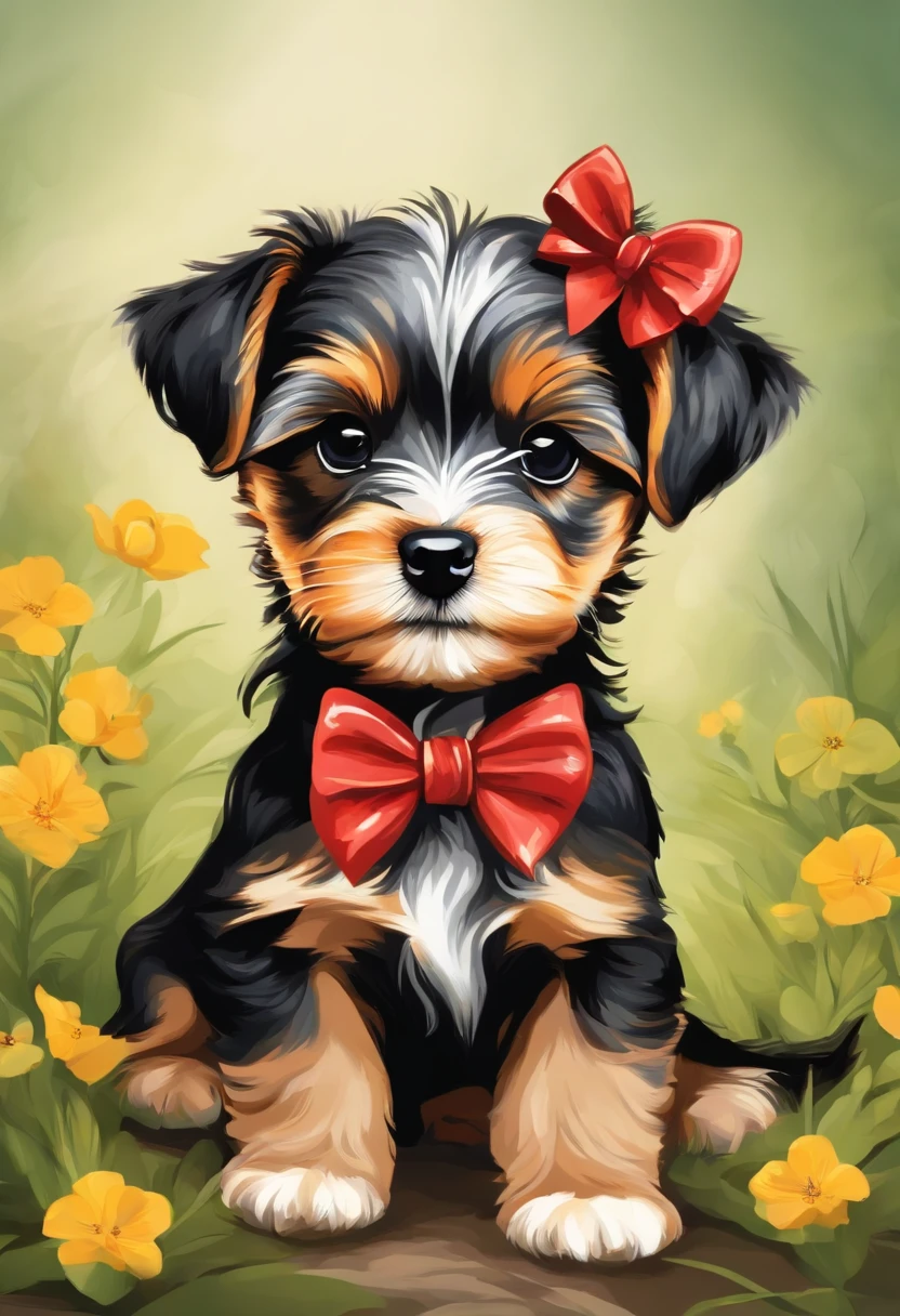 Spring illustration of a small Yorkshire puppy with bow s on his head