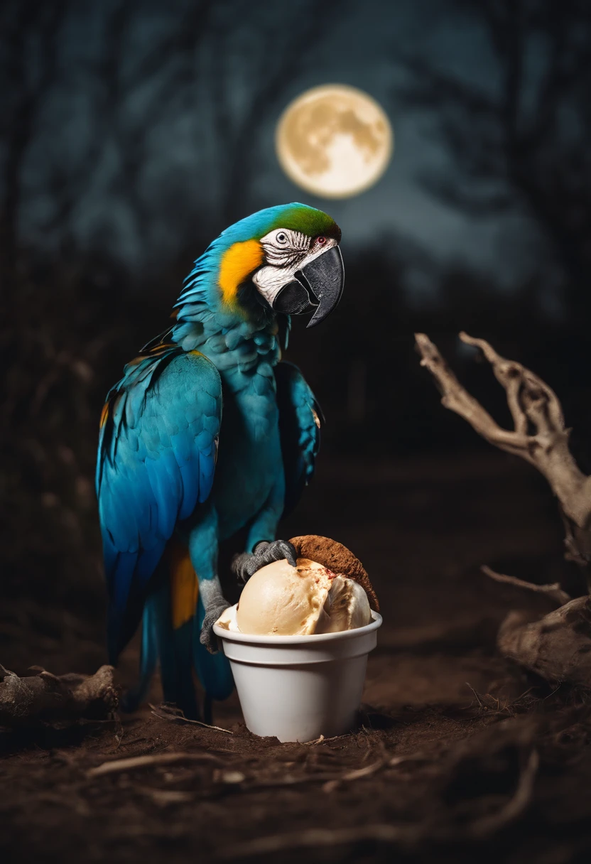 halloween, zombie hand coming out of the ground with glass of ice cream in hand, hollywood scenery, horror movie scenery, a blue and yellow macaw bird in zombie style, dry branches, full moon, best image quality, (8k) high definition