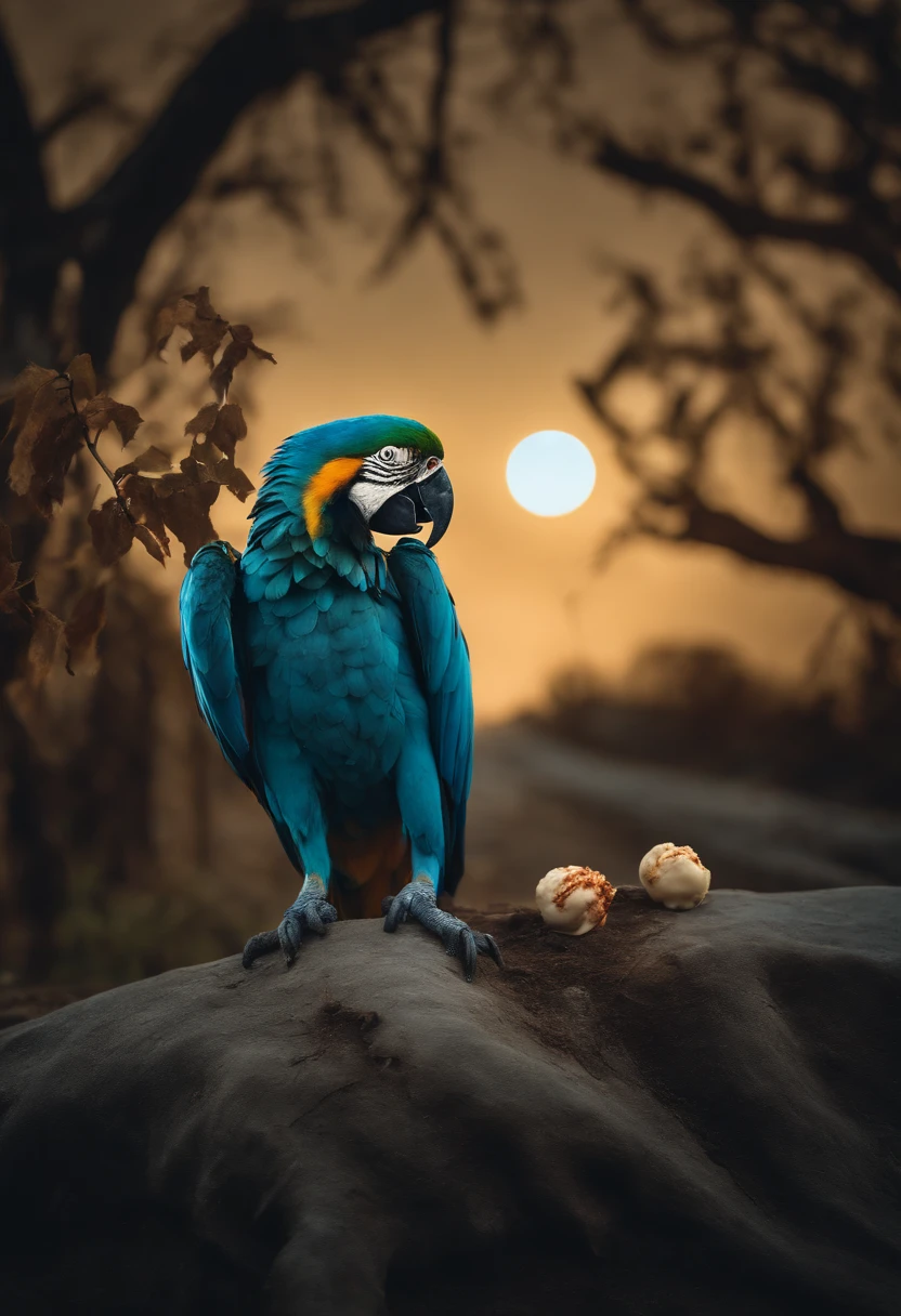 halloween, zombie hand coming out of the ground with glass of ice cream in hand, hollywood scenery, horror movie scenery, a blue and yellow macaw bird in zombie style, dry branches, full moon, best image quality, (8k) high definition