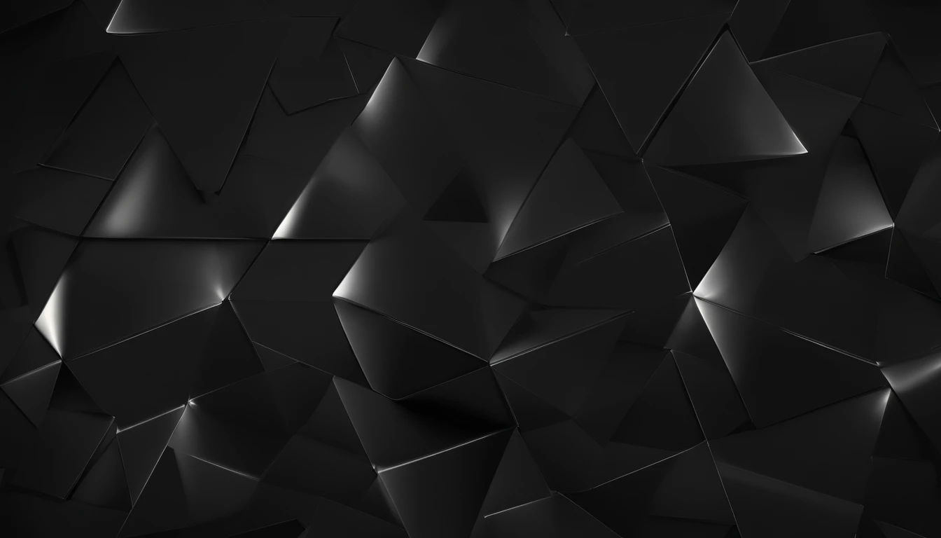 Black wallpaper with glowing 3d triangles fitting some up and some down giving the feeling of depth , All in black color just putting depth or brightness on the triangle shapes only shades of black