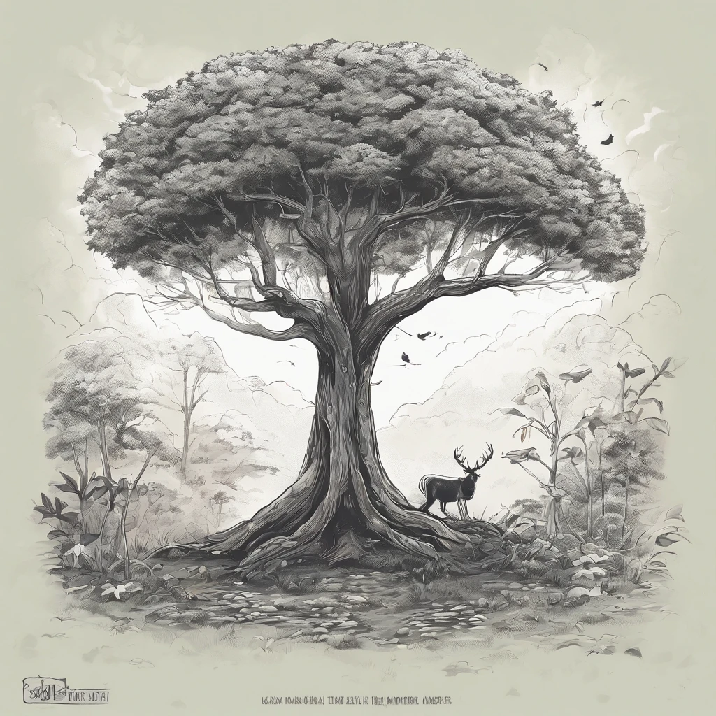 A black and white commercial illustration of a huge tree, com folhas bem verdes, abaixo dela tem um salgueiro bem menor, To your right is a smaller tree. Ele tem folhas muito grandes, The tree is located in a deserted dark forest full of critters. The forest is portrayed in a natural way, com grama ao redor. A imagem deve ter um estilo assustador, with fine strokes and a touch of manga. The tree should be represented in detail, with his expression demonstrating purity and determination in his task. A imagem deve ser em preto e branco, with a pencil and ink caricature drawing style. Be sure to catch willow below the tree, but not so close together symbolizing fear and hope in the face of life's challenges." 16k