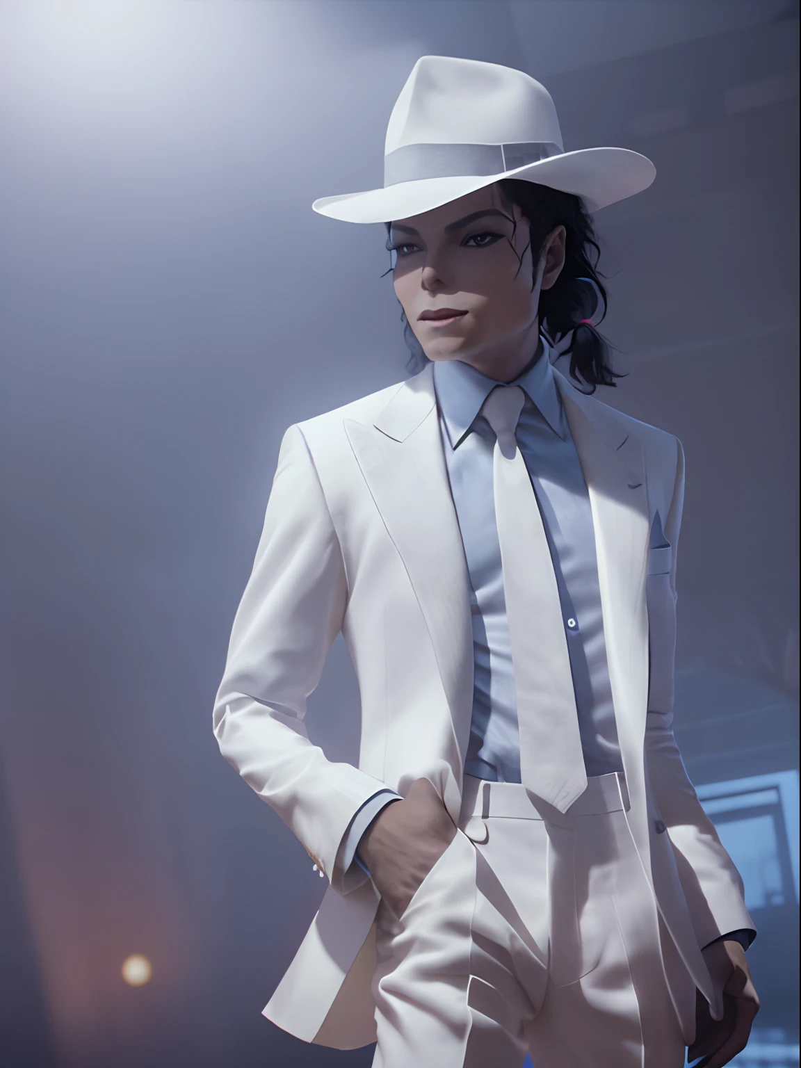 Close Portait de un hombre de Michael Jackson Smooth Criminal con un traje blanco, cinematic lighting, Detalles intrincados, very sharp, alta calidad, Professional Photography