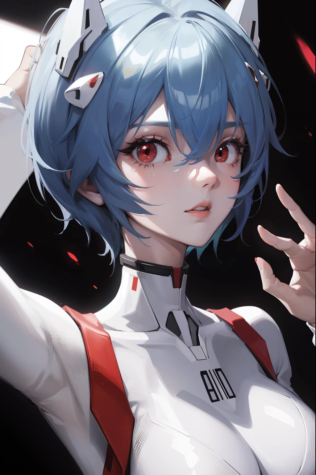 reiayanami, rei ayanami, blue hair, short hair, (red eyes:1.5),
BREAK bodysuit, headgear, plugsuit, white bodysuit,
BREAK outdoors, city,
BREAK looking at viewer, 
BREAK (masterpiece:1.2), best quality, high resolution, unity 8k wallpaper, (illustration:0.8), (beautiful detailed eyes:1.6), extremely detailed face, perfect lighting, extremely detailed CG, (perfect hands, perfect anatomy),