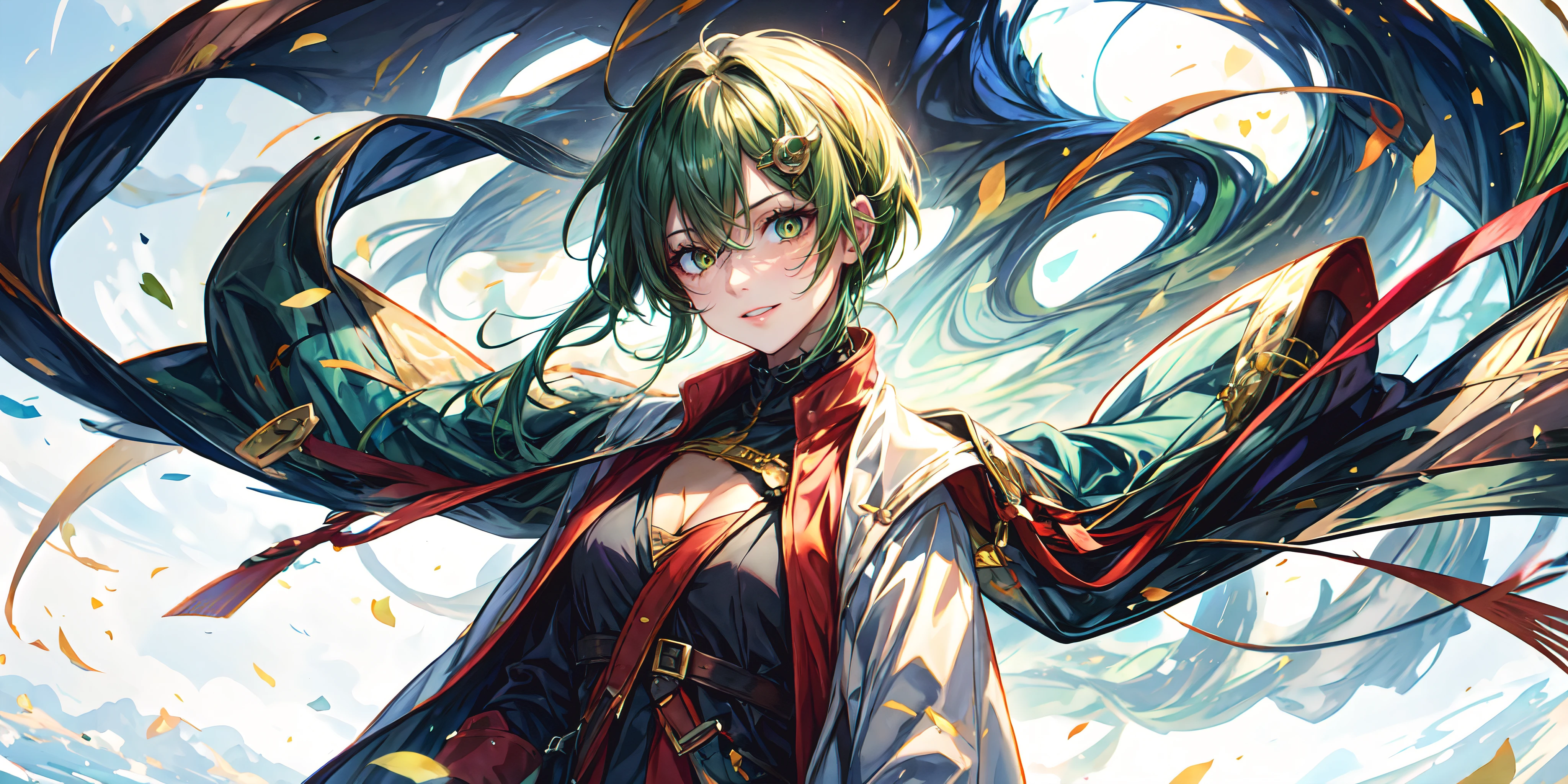 nail_polish, 1girl, breasts, brown_hair, wind, gloves, wind_lift, cleavage, solo, large_breasts, short_hair, bangs, hair_ornament, yellow_eyes, parted_lips, looking_at_viewer, floating_hair, jacket, hair_between_eyes, holding, long_hair, weapon, "long shot scenic professional photograph of {prompt}, perfect viewpoint, highly detailed, wide-angle lens, hyper realistic, with dramatic sky, polarizing filter, natural lighting, vivid colors, everything in sharp focus, HDR, UHD, 64K", anime coloring, anime screencap, sweating, azumafubukimanga,