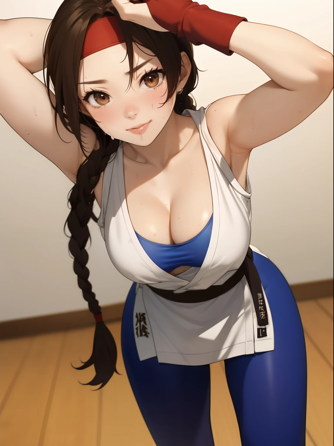 ((masterpiece:1.2, best quality)), yuri sakazaki, 1girl, braided ponytail, long hair, brown hair, brown eyes, (red headband:1.2), (white dogi:1.2), Blue tank top, bare arms, Yellow black fingerless gloves, blue panties, karate, medium breasts, cleavage, Blue thigh socks, looking at viewer, sweating, tired, arm over head, sweat, hot, blush, awe, 🥺, 😮, ((🥵🥵:1.2)), straight, standing, mature, dojo