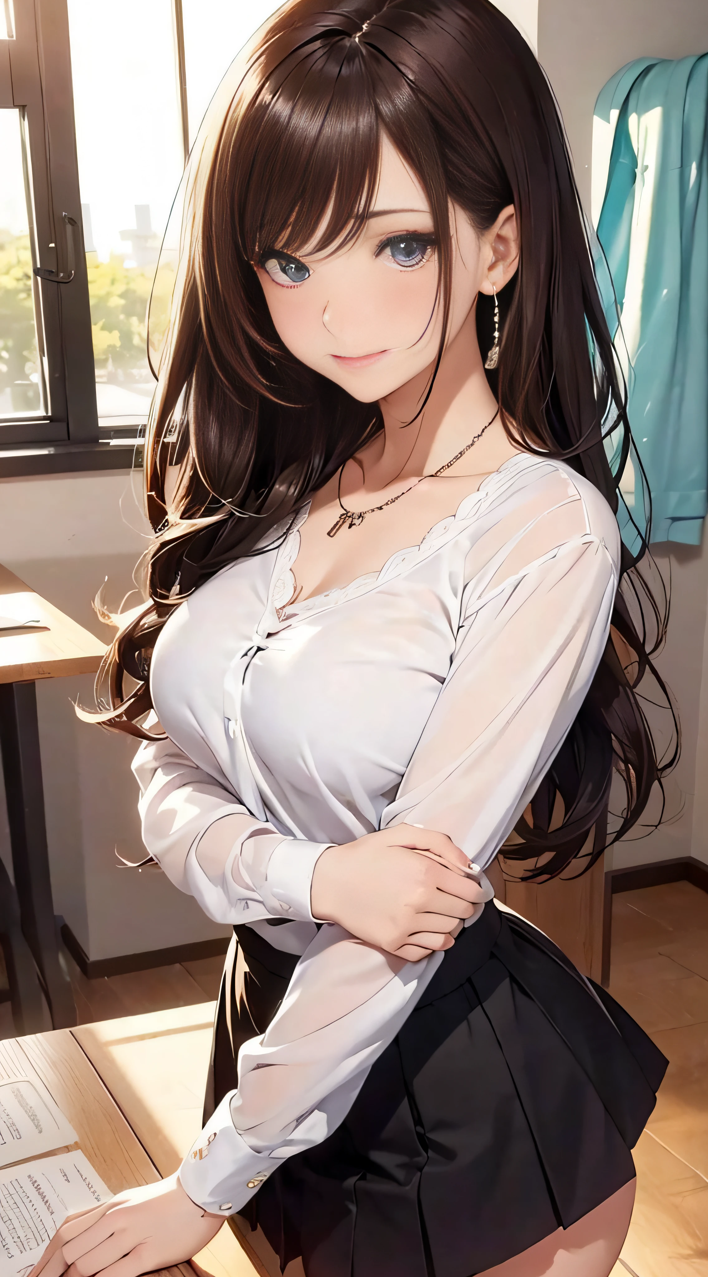 (masutepiece: 1.3), (max resolution: 1.2),, (Detailed eyes and skin), (detailed facial features), nffsw, Sharp Focus: 1.2, Perfect Style, Beautiful face, Perfect body,Highly detailed face and skin texture, Detailed eyes, Dark-blue eyes, Double eyelids, Thin eyebrows, Glitter Eyeliner: 1.2, Natural cheeks, Glossy skin, Fair skin: 1.2, shiny little necklace and earrings, (Glossy lips: 1.A very cute female teacher), lace bra　I'm wearing lace panties　Stockings), (Seductive smile: 1.2), ((a Innocent and cute girl:1.3)), (long, straight haired, bangss), (ligh brown hair:1.2), medium large breasts,　FULL BODYSHOT　Shyness　School Changing Rooms　Herren　cute little　The shirt　sexy  pose　pleatedskirt　Leaning forward　posterior view　Turned