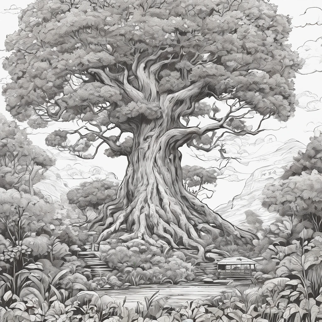 A black and white commercial illustration of a huge tree, com folhas bem verdes, abaixo dela tem um salgueiro bem menor, To your right is a smaller tree. Ele tem folhas muito grandes, The tree is located in a deserted dark forest full of critters. The forest is portrayed in a natural way, com grama ao redor. A imagem deve ter um estilo assustador, with fine strokes and a touch of manga. The tree should be represented in detail, with his expression demonstrating purity and determination in his task. A imagem deve ser em preto e branco, with a pencil and ink caricature drawing style. Be sure to catch willow below the tree, but not so close together symbolizing fear and hope in the face of life's challenges." 16k