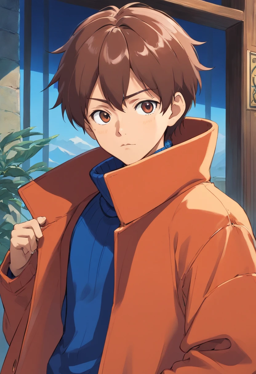 a boy, asian race, Indonesian Country, Tanned Skin, Crew Cut Hair Styling, wearing an anime turtleneck with overcoat, in the style of university, minimalist animation stills, masami teraoka, royal blue, paul gauguin, Casual style, honest portrayal