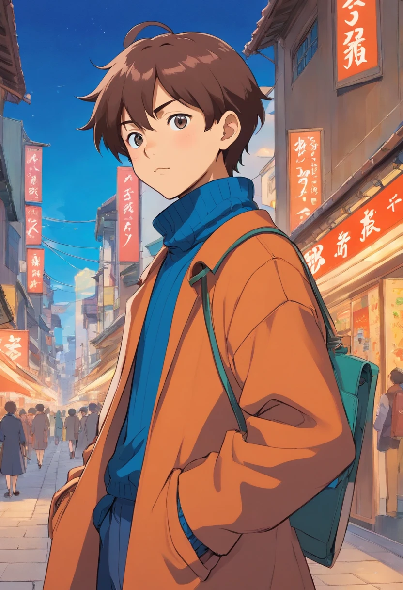 a boy, asian race, Indonesian Country, Tanned Skin, Crew Cut Hair Styling, wearing an anime turtleneck with overcoat, in the style of university, minimalist animation stills, masami teraoka, royal blue, paul gauguin, Casual style, honest portrayal