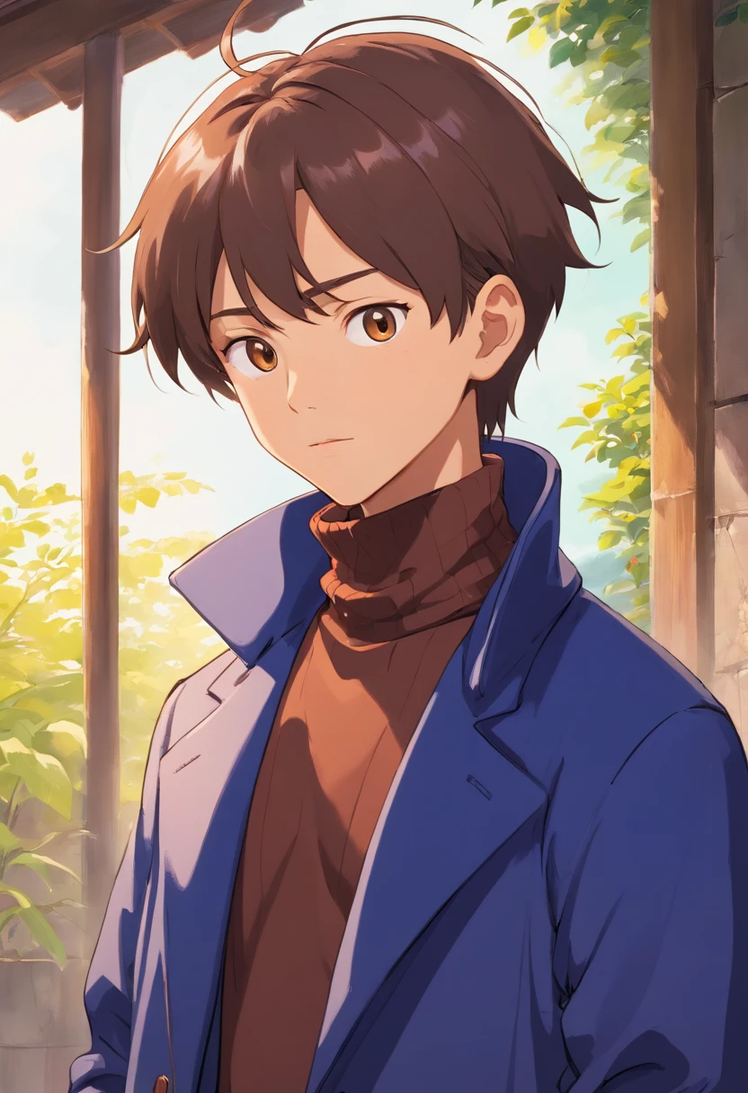 a boy, asian race, Indonesian Country, Tanned Skin, Crew Cut Hair Styling, wearing an anime turtleneck with overcoat, in the style of university, minimalist animation stills, masami teraoka, royal blue, paul gauguin, Casual style, honest portrayal