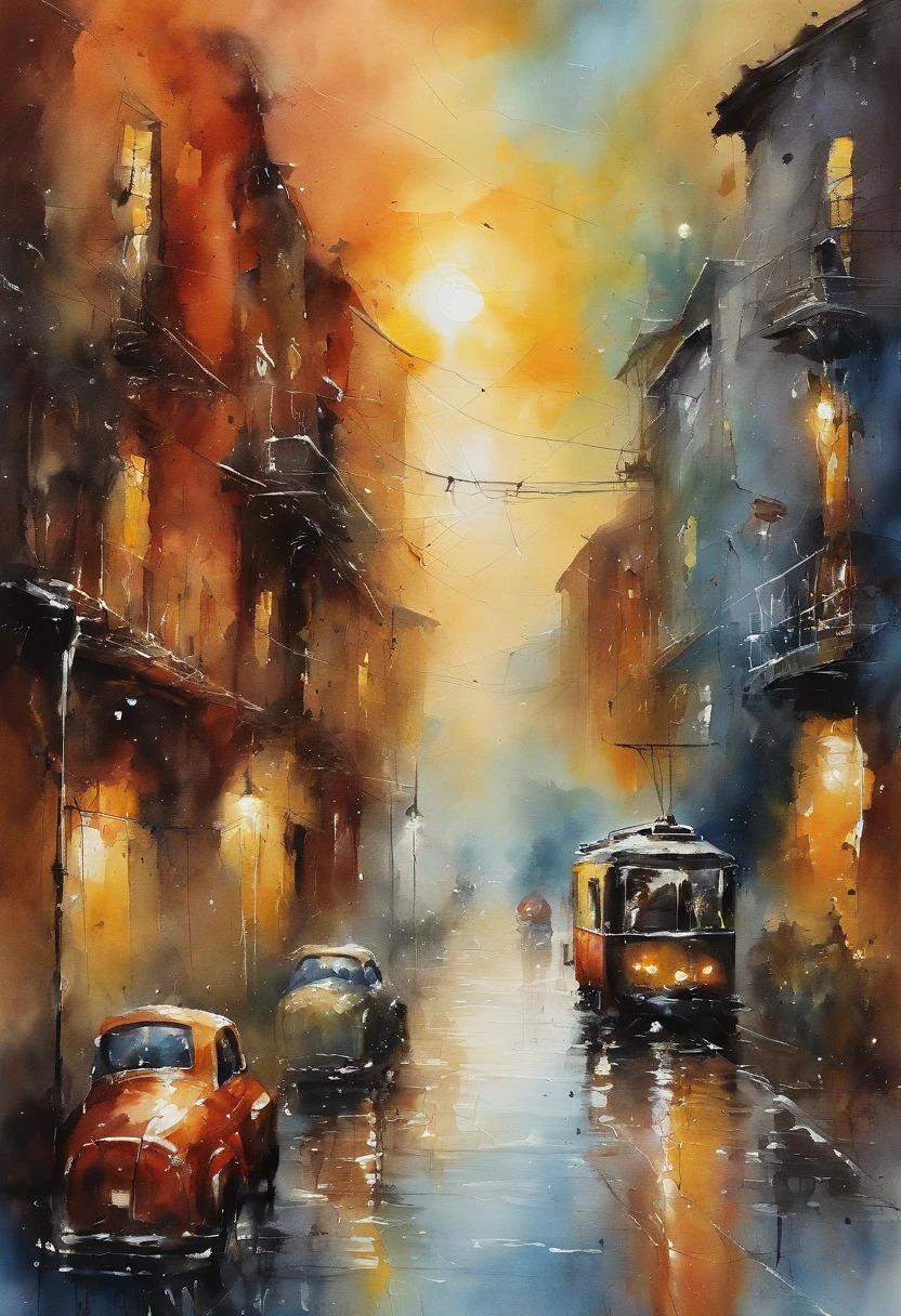 abstract face in a city landscape, a photorealistic painting by Mark English , [:anime line art:0.2], celestial and Heat and Thunder and Water themed, epic splash art , auto-destructive art, , abstract