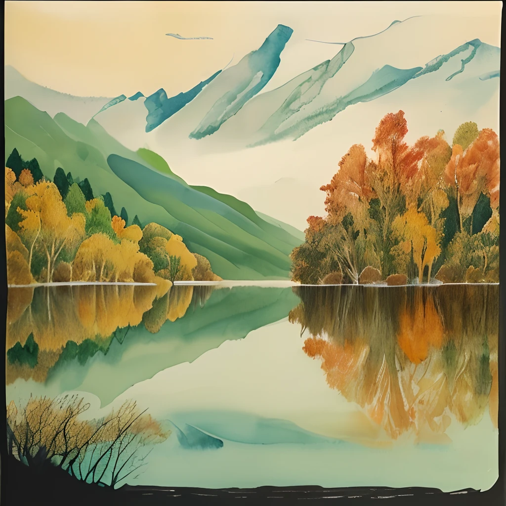 lakes，Autumn vegetation，nature scenes，ink and watercolor painting