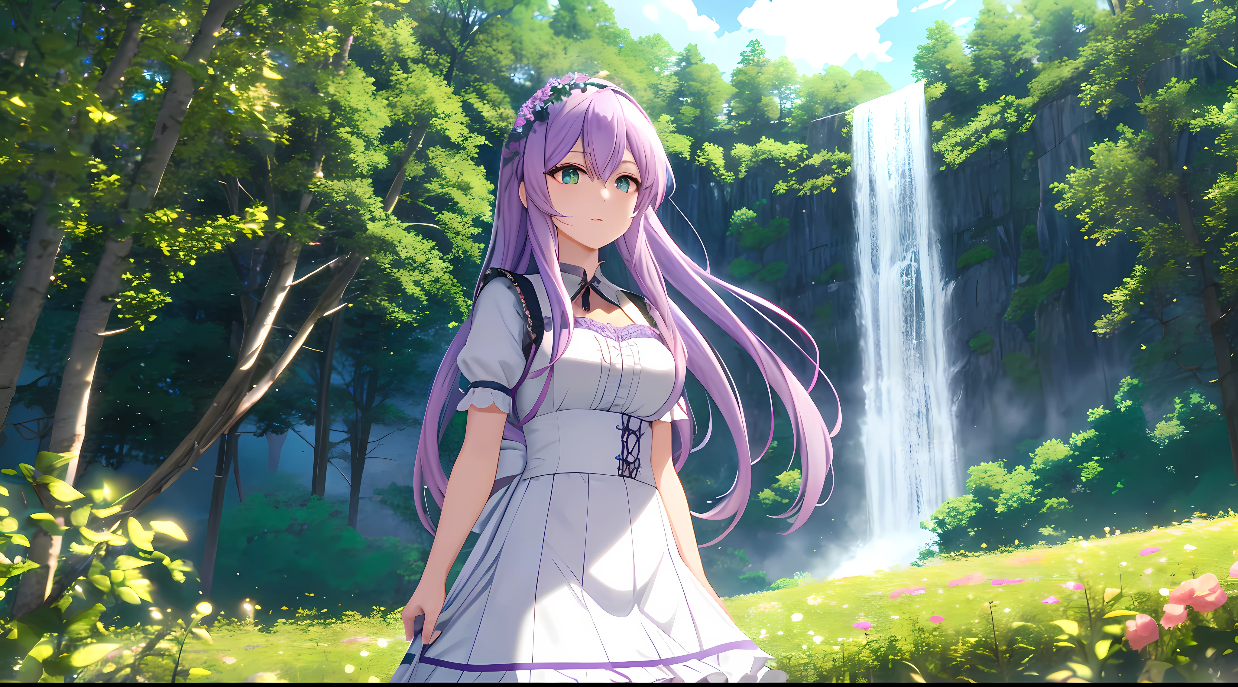 Athena with plain long light purple hair,hair between eyes,green eyes,rosy cheeks,full lips,thin eyebrows,slender body,wearing black maid uniform with frills lace and full long skirt,cute anime girl,full body,flowers field with waterfall in background,anime style,Lumen Reflections,Screen Space Reflections,Diffraction Grading,Chromatic Aberration,GB Displacement,Scan Lines,Ray Traced,Anti-Aliasing,FXAA,TXAA,RTX,SSAO,Shaders,OpenGL-Shaders, GLSL-Shaders,Post Processing,Post-Production,cell Shading,Tone Mapping,CGI,VFX,SFX,insanely detailed and intricate, 4K,standing, solo, masterpiece, best quality, detailed face, detailed eyes, highres, standing, solo,masterpiece, best quality