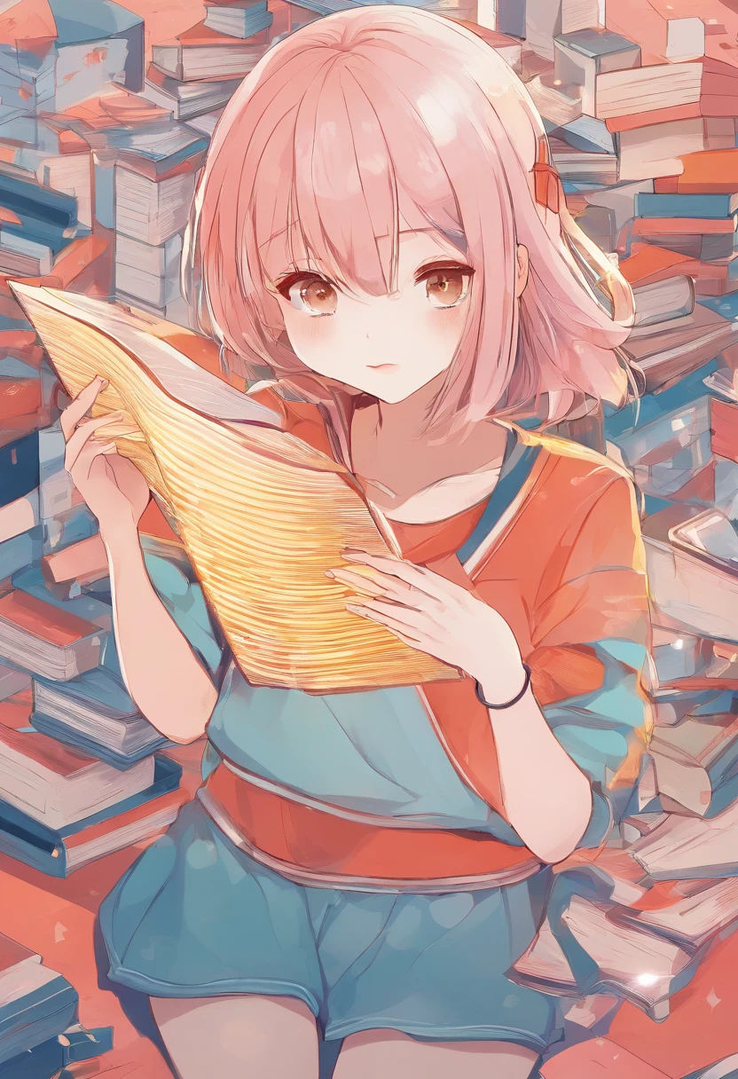 girl,Ball head,sporty attire,A glowing book floats in the air on the right,Girl hands touching a book