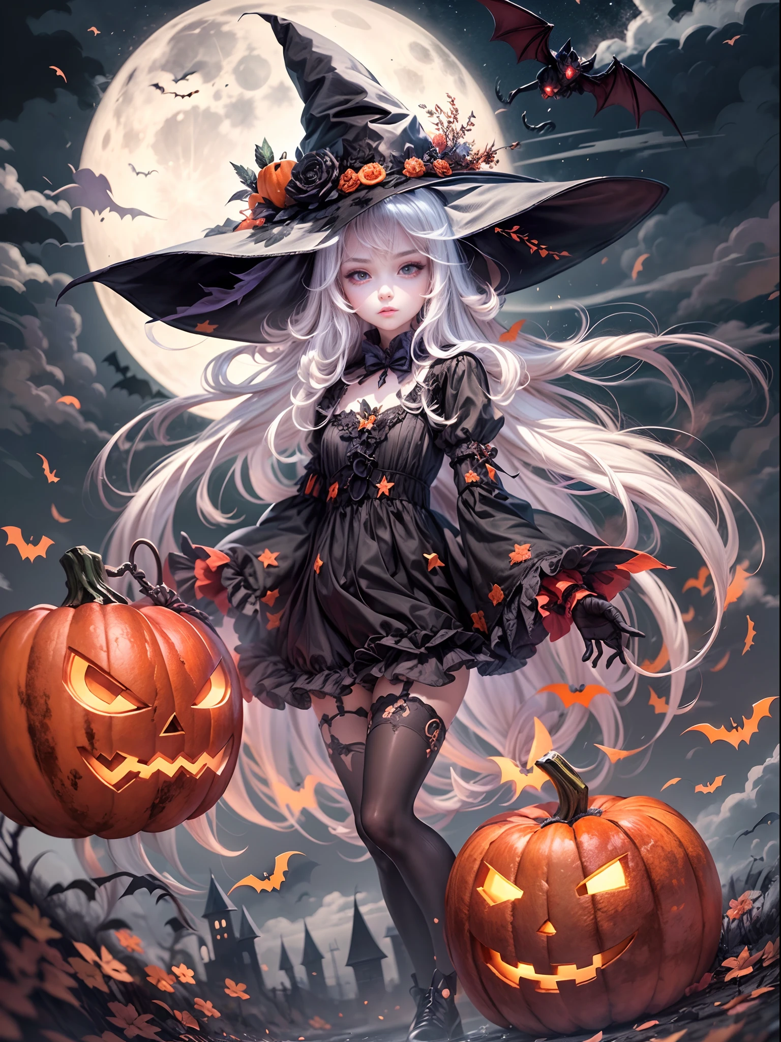 ((masterpiece:1)),(((best quality))),illustration,extremely detailed 8k wallpaper,colorful,[(white background:1.4)::5], 1girl,white hair,red eyes,shining eyes, wansheng, flat color, 1girl, witch hat, hat, long hair, solo, jack-o'-lantern, halloween, moon, thighhighs, bat (animal), looking at viewer, dress, full body, gloves, pumpkin, witch, black thighhighs, star (symbol), bow,(pale skin:1.2), (ghost) beautiful and detailed cloudy sky,castle,bat (animal),(halloween:1.1),full red moon,Beautiful and detailed black,(jack-o'-lantern:0.8) (Abstract Art:1.35),(flat color:1.3),(high contrast:1.3),happy halloween,(candy:1.2) , wansheng, ,(hexagon:1.1),(fight stance),(from bottom:0.9),lighting surrounded,water surround,full moon, original,(illustration:1.1),(best quality),(extremely detailed CG unity 8k wallpaper:1.1), (colorful:0.9),(imid shot:0.95),(full body:1.25),Dynamic angle, (Style of Comic and Animation:1.3),(Oil Painting:0.8),(sketch:0.6), WaHaa, JaLanteen, vampire