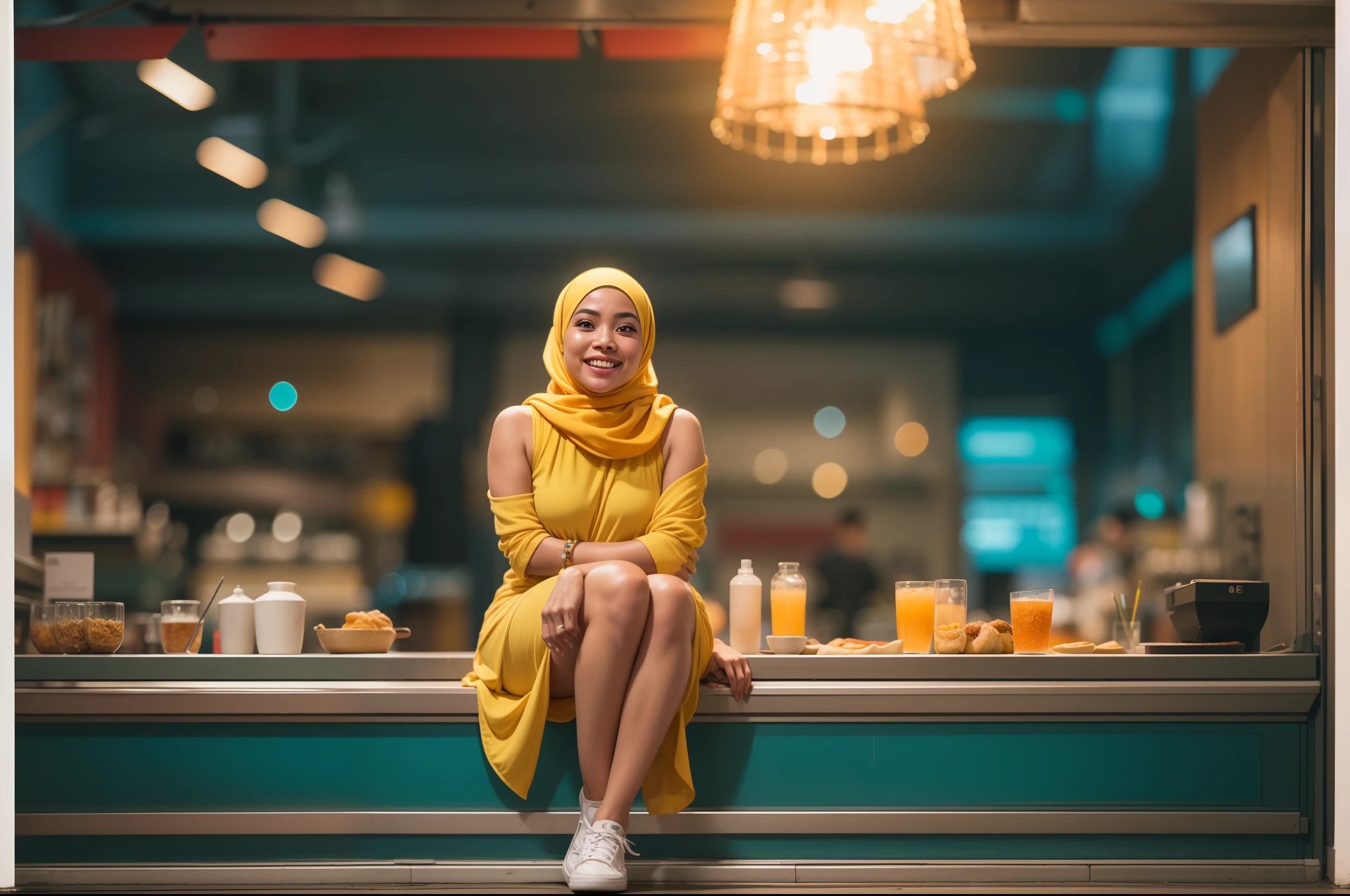Malay girl with hijab seating in hipster cafe, happy, smiling, nighttime, wearing yellow Floral Ruched Bust Slip Romper, pink sneakers, soft professional lighting, blur background, cool ambient, bokeh, small breast, small waist, small head, short petite body, wide hips, thick thighs, thick leg, Super 8mm lense, Extreme close-up, Teal and Orange color grading, starbursts, adventure movie scene, Fluorescent light, Low-key lighting, high quality, ultra detail, 8k resolution,