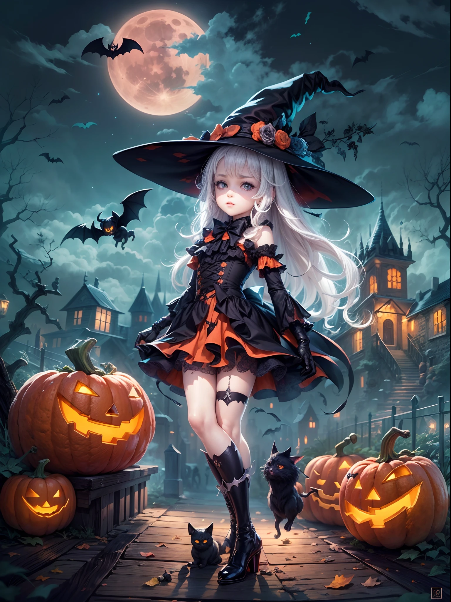 ((masterpiece:1)),(((best quality))),illustration,extremely detailed 8k wallpaper,colorful,[(white background:1.4)::5], 1girl,white hair,red eyes,shining eyes, wansheng, flat color, 1girl, witch hat, hat, long hair, solo, jack-o'-lantern, halloween, moon, thighhighs, bat (animal), looking at viewer, dress, full body, gloves, pumpkin, witch, black thighhighs, star (symbol), bow,(pale skin:1.2), (ghost) beautiful and detailed cloudy sky,castle,bat (animal),(halloween:1.1),full red moon,Beautiful and detailed black,(jack-o'-lantern:0.8) (Abstract Art:1.35),(flat color:1.3),(high contrast:1.3),happy halloween,(candy:1.2) , wansheng, ,(hexagon:1.1),(fight stance),(from bottom:0.9),lighting surrounded,water surround,full moon, original,(illustration:1.1),(best quality),(extremely detailed CG unity 8k wallpaper:1.1), (colorful:0.9),(imid shot:0.95),(full body:1.25),Dynamic angle, (Style of Comic and Animation:1.3),(Oil Painting:0.8),(sketch:0.6), WaHaa, JaLanteen, vampire