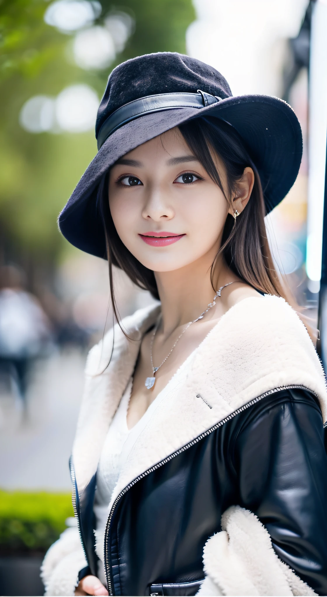(Highest quality, 8K, Masterpiece), (Best Illustration), Very delicate and beautiful, Very detailed, CG, Unity, Amazingly fine detail, 超高分辨率, Highly detailed eyes and face, Superbly detailed eyes, (fluffy black eyes: 1.21), (Best shadows: 1.1), (Photorealistic: 1.1), Realistic face proportions, (Makeup: 0.4), Handsome woman, Solo, (( Big breasts)), (Deep cleavage), (Slim figure), smiling at viewer, (cropped shoulders: 1.5)), Wet skin, Dark brown hair, Earrings, (cowboy lens: 1.3), (irregular skin imperfections, venat, Skin Wrinkles: pores: 1.1), (woods: 1.3), (Bokeh: 1.4)