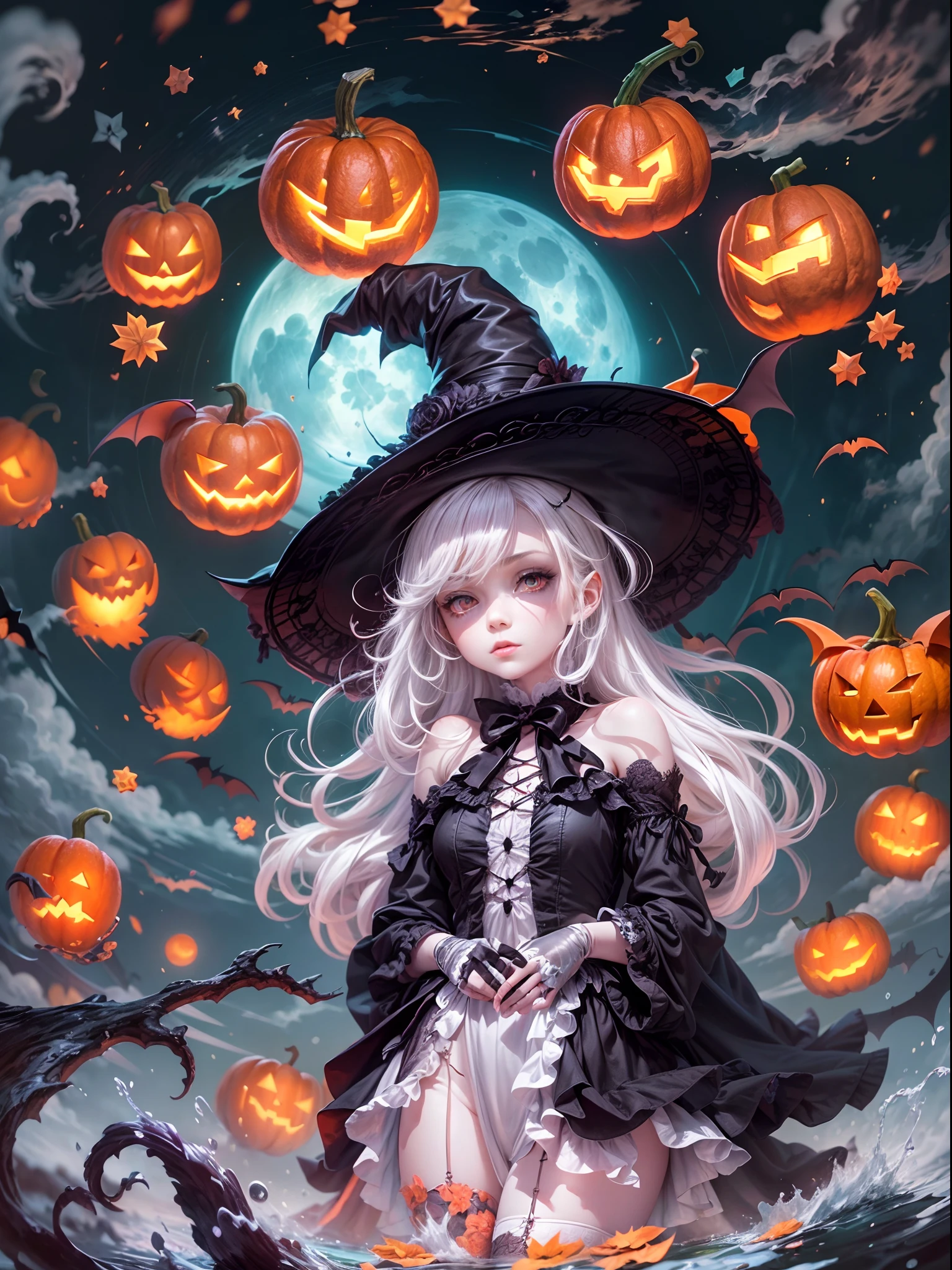 ((masterpiece:1)),(((best quality))),illustration,extremely detailed 8k wallpaper,colorful,[(white background:1.4)::5], 1girl,white hair,red eyes,shining eyes, wansheng, flat color, 1girl, witch hat, hat, long hair, solo, jack-o'-lantern, halloween, moon, thighhighs, bat (animal), looking at viewer, dress, full body, gloves, pumpkin, witch, black thighhighs, star (symbol), bow,(pale skin:1.2), (ghost) beautiful and detailed cloudy sky,castle,bat (animal),(halloween:1.1),full red moon,Beautiful and detailed black,(jack-o'-lantern:0.8) (Abstract Art:1.35),(flat color:1.3),(high contrast:1.3),happy halloween,(candy:1.2) , wansheng, ,(hexagon:1.1),(fight stance),(from bottom:0.9),lighting surrounded,water surround,full moon, original,(illustration:1.1),(best quality),(extremely detailed CG unity 8k wallpaper:1.1), (colorful:0.9),(imid shot:0.95),(full body:1.25),Dynamic angle, (Style of Comic and Animation:1.3),(Oil Painting:0.8),(sketch:0.6), WaHaa, JaLanteen, vampire