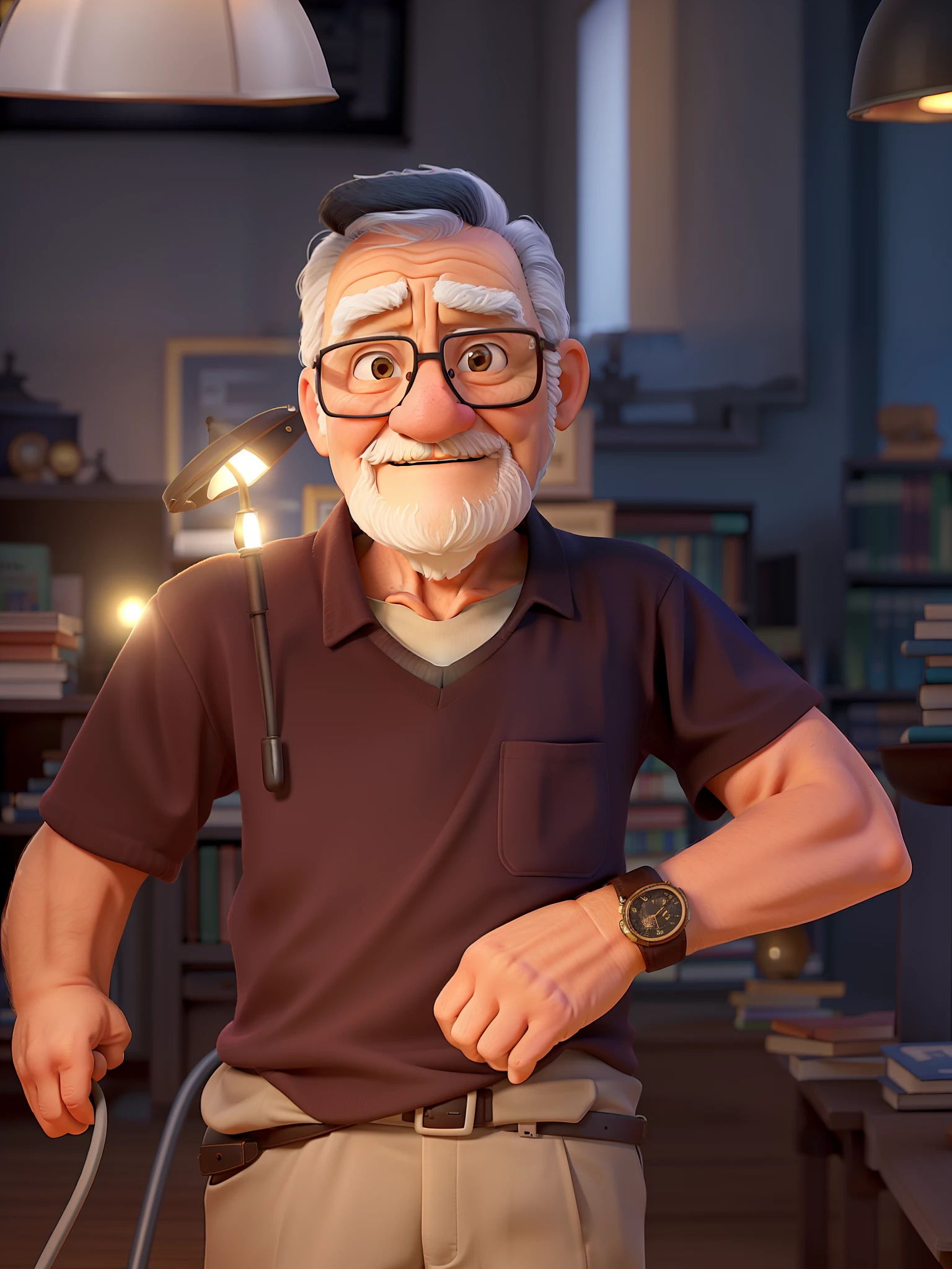 A wise old man standing in front, illuminated by the light of a lamp, against the backdrop of a library