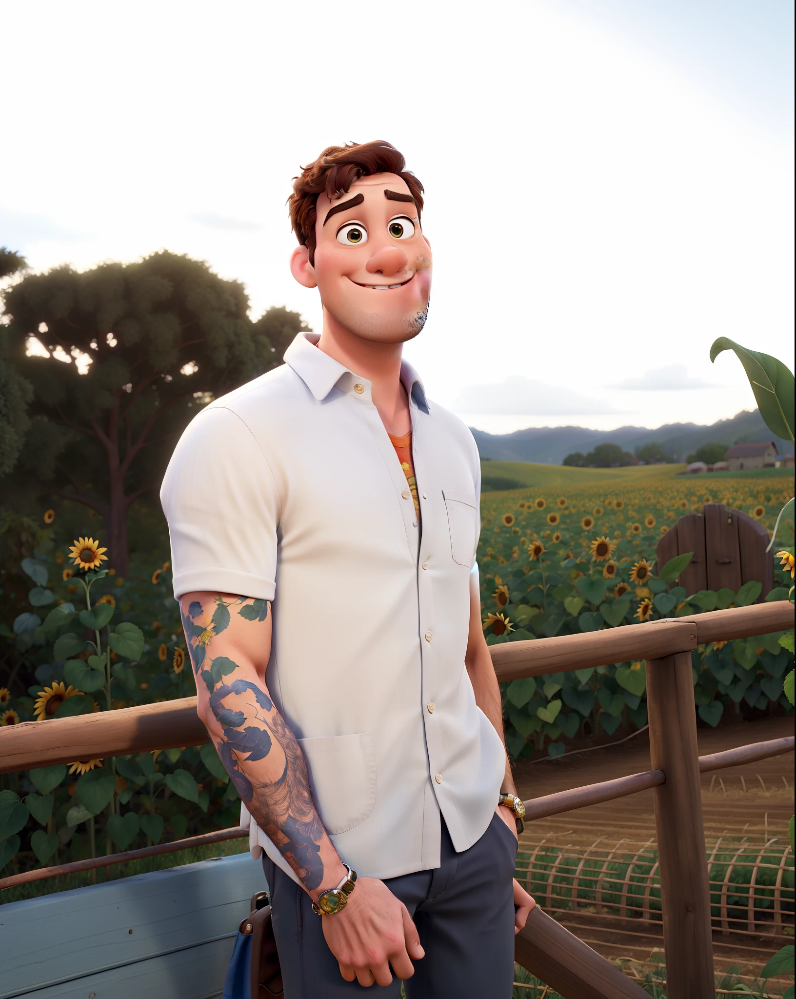 A Man Style Disney Pixar Movie Poster, alta qualidade, melhor qualidade, with sunflower field background