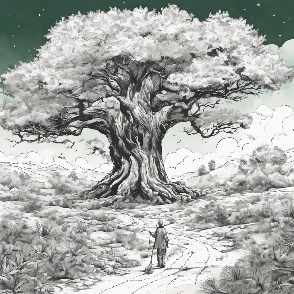 A black and white commercial illustration of a huge tree, com folhas bem verdes, abaixo dela tem um salgueiro bem menor, To your right is a smaller tree. Ele tem folhas muito grandes, The tree is located in a dark, deserted forest full of critters. The forest is portrayed in a natural way, com grama ao redor. A imagem deve ter um estilo assustador, Desert with fine strokes and a touch of manga. The tree should be represented in detail, with his expression demonstrating purity and determination in his task. A imagem deve ser em preto e branco, with a pencil and ink caricature drawing style. Be sure to catch willow below the tree, but not so close together symbolizing fear and hope in the face of life's challenges." 16k