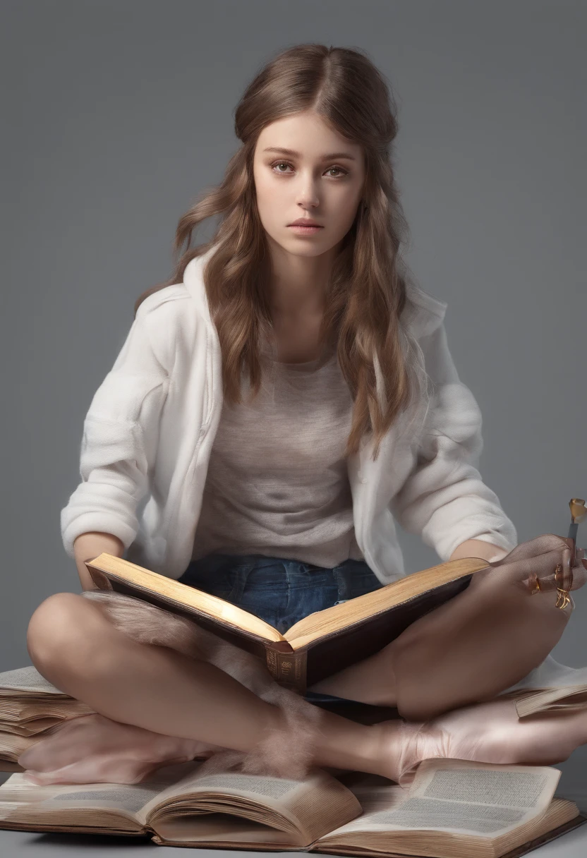girl，Ball head，sporty attire，A glowing book floats in the air on the right，Girl hands touching a book