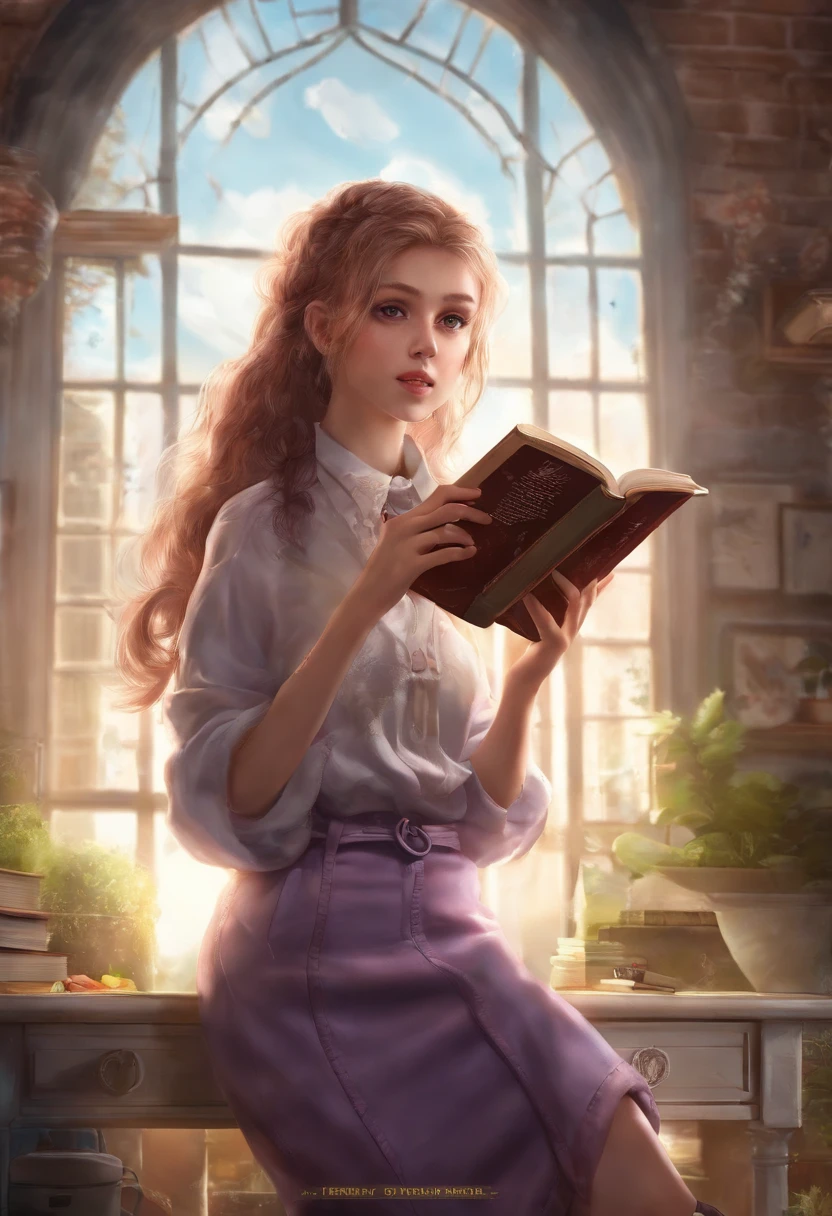 girl,Ball head,sporty attire,A glowing book floats in the air on the right,Girl hands touching a book